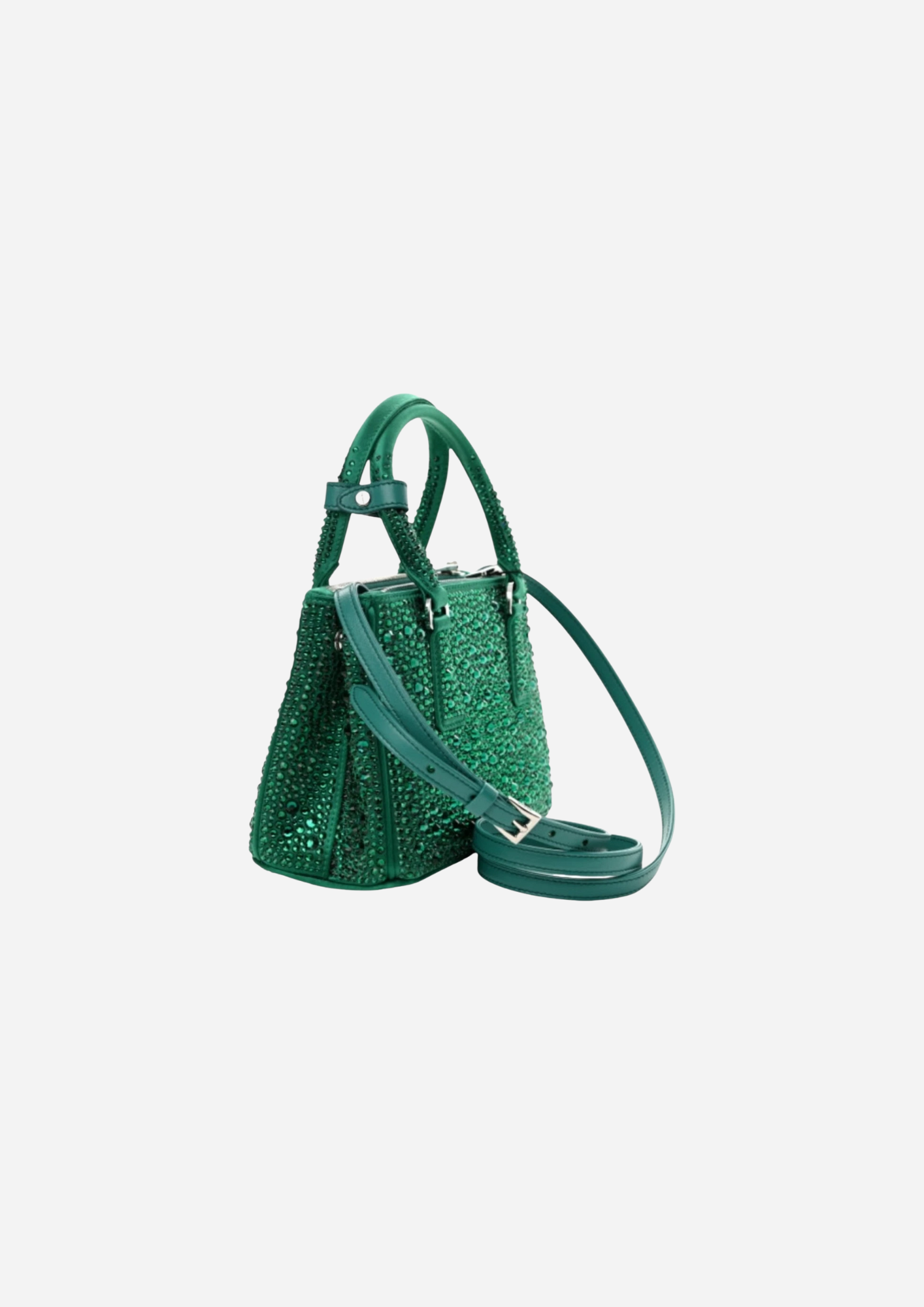 PRADA GALLERIA MINI BAG IN SATIN WITH GREEN CRYSTALS