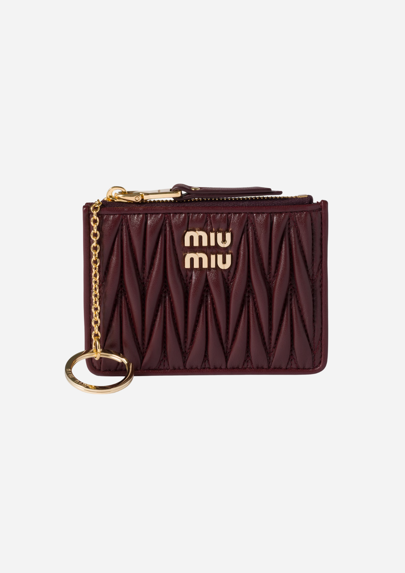 Miu Miu Portacarte in Nappa Matelassé Bordeaux con Zip e Portachiavi