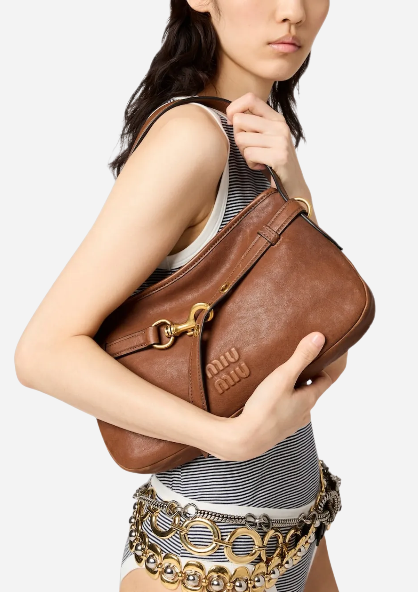 Miu Miu Borsa A Spalla Aventure Marrone in Pelle con Dettagli Oro