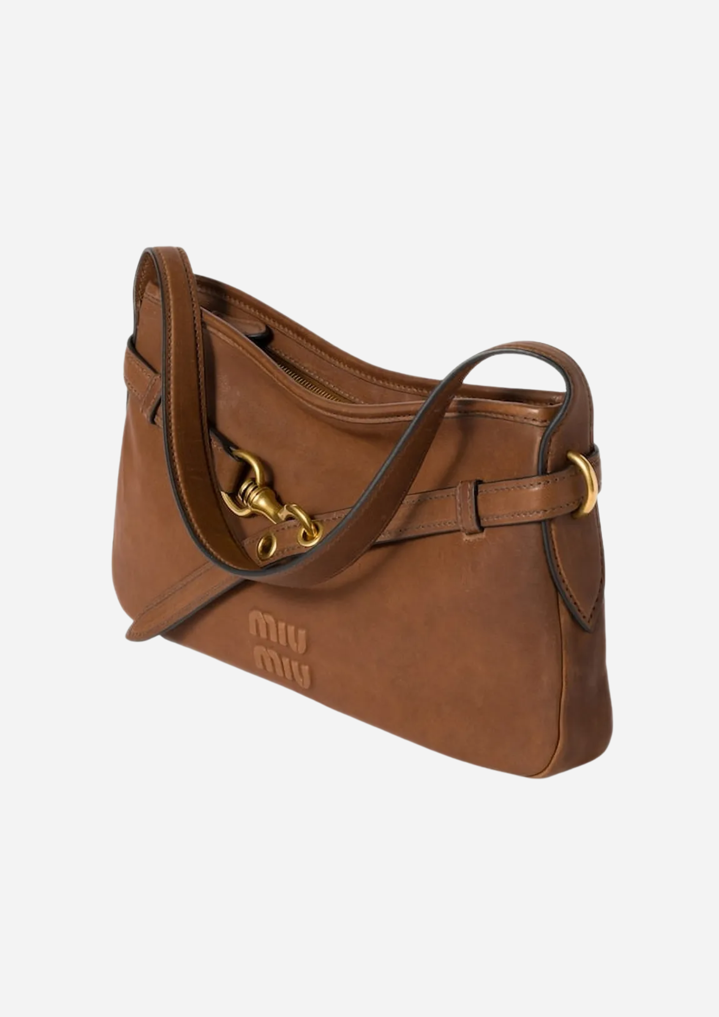 Miu Miu Borsa A Spalla Aventure Marrone in Pelle con Dettagli Oro