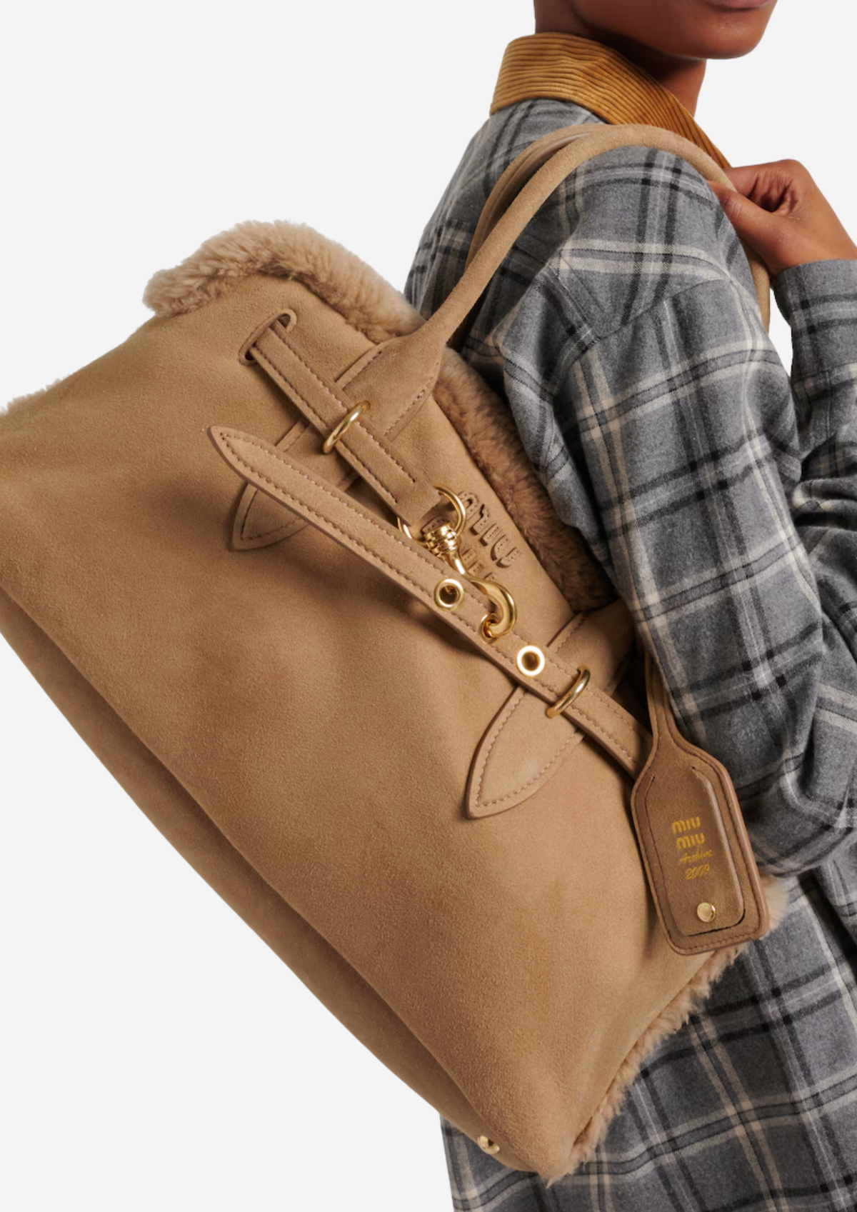 Miu Miu Adventure Borsa Beige in Suede con Shearling