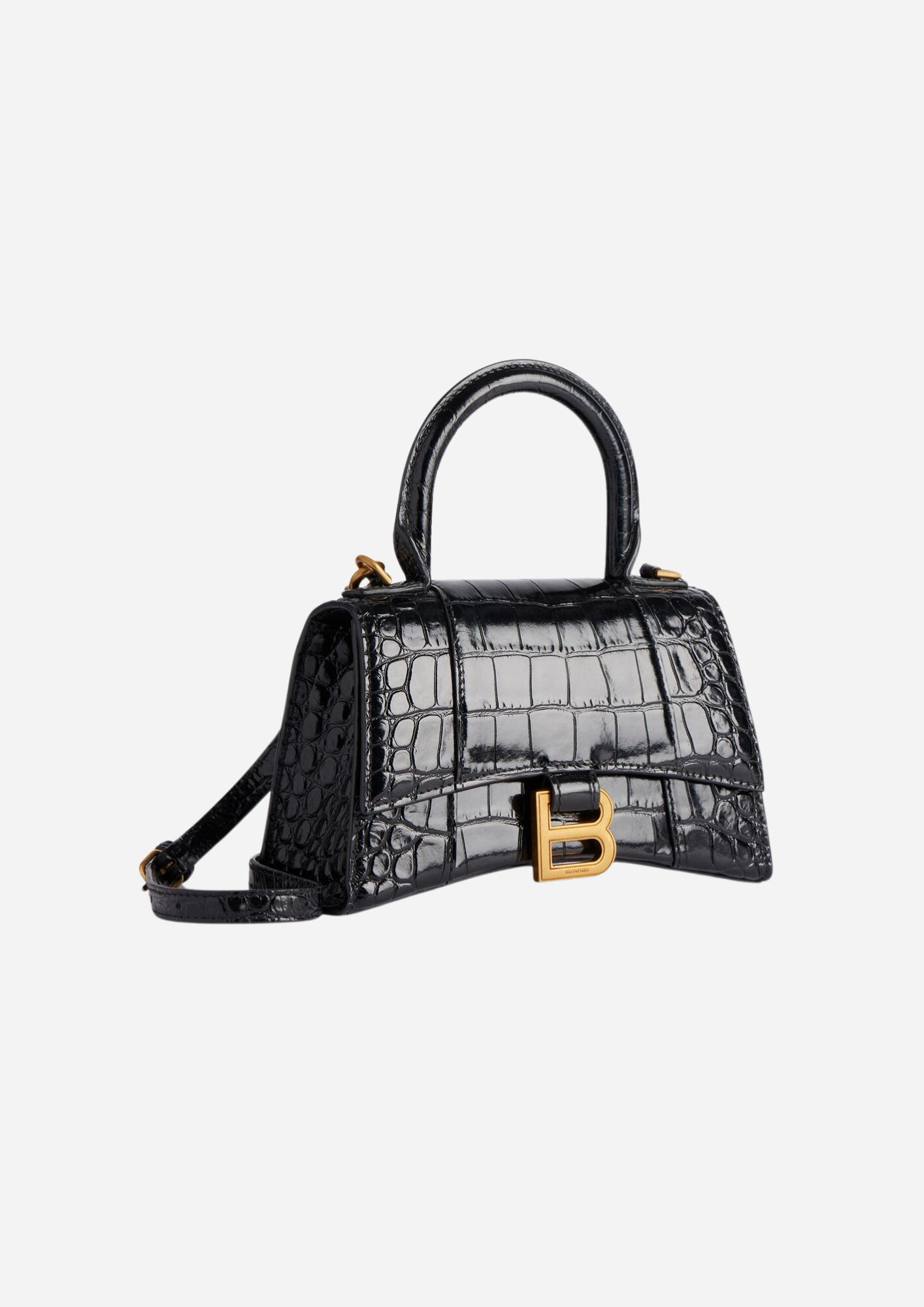 Balenciaga Hourglass XS nera vista a tre quarti con logo B oro anticato