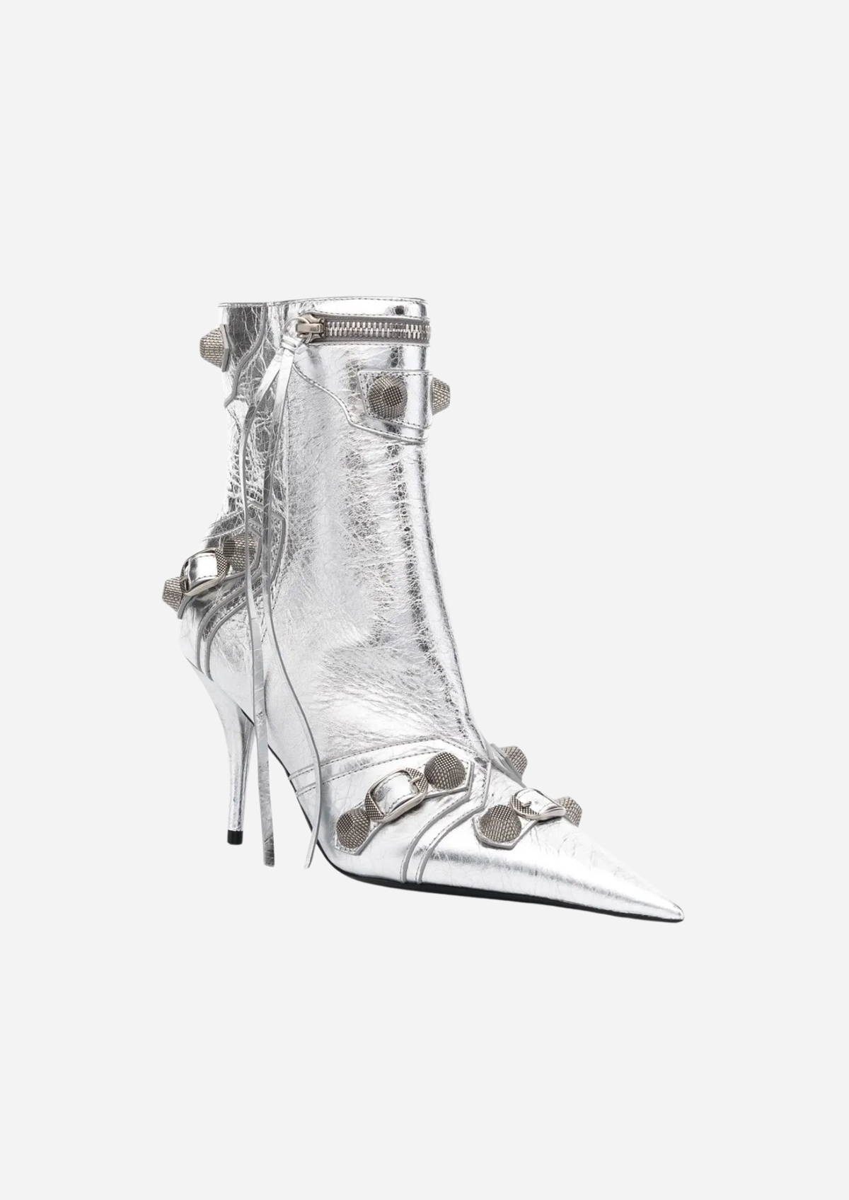 Balenciaga Le Cagole Stivaletti Argento in Pelle Metallizzata 90 mm, vista a tre quarti