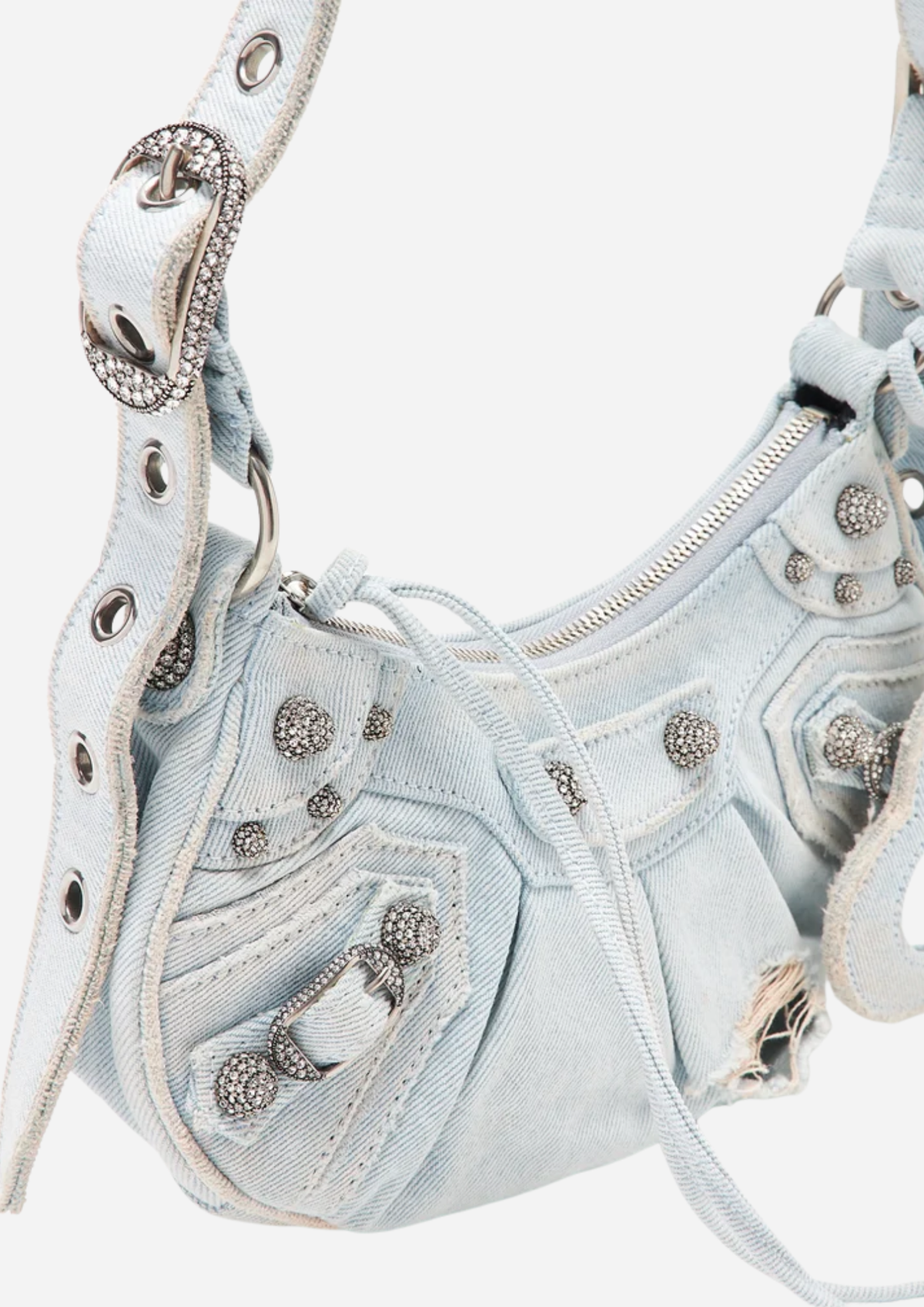 Balenciaga Le Cagole XS in Denim Blu con Strass, vista a tre quarti