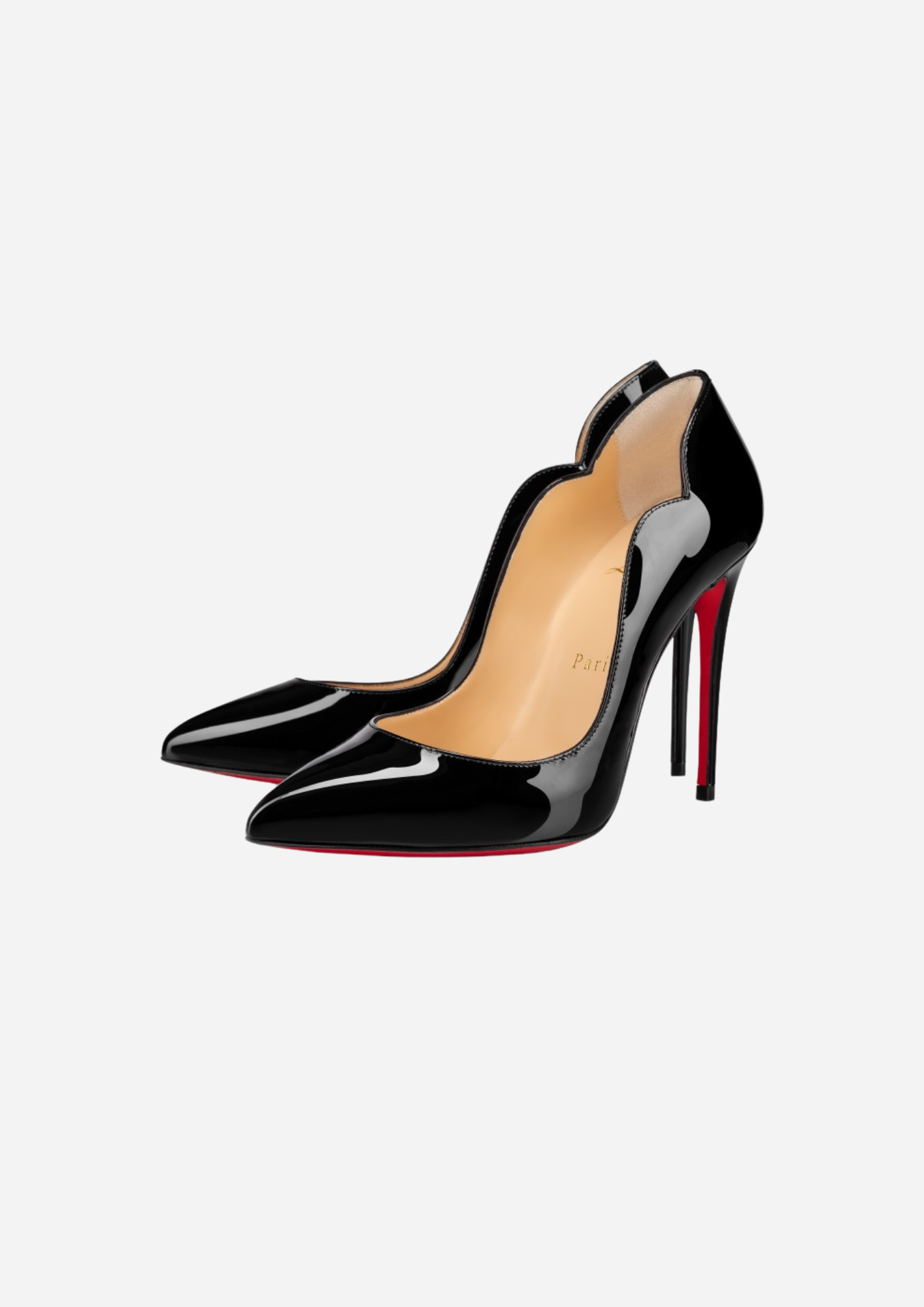 Christian Louboutin Hot Chick 100 nere in pelle verniciata viste a tre quarti