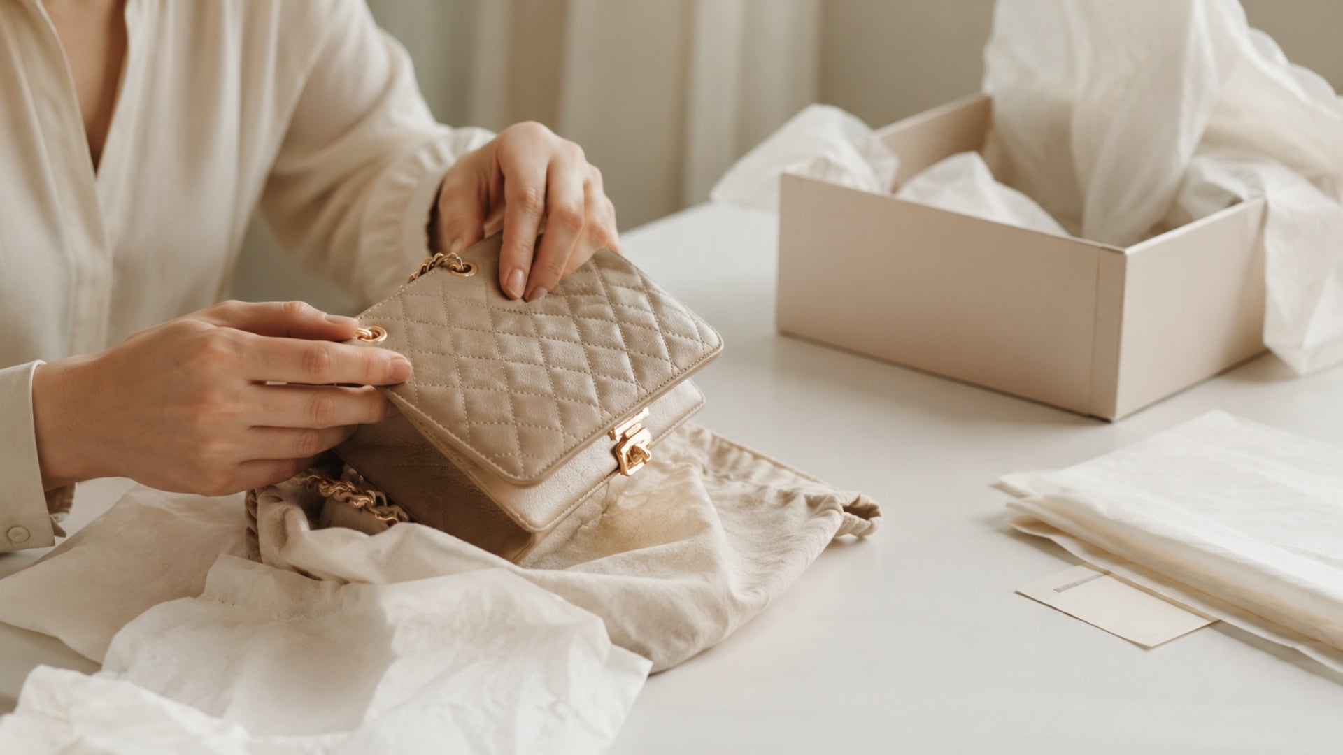 Mani che esaminano una borsa beige accanto al packaging