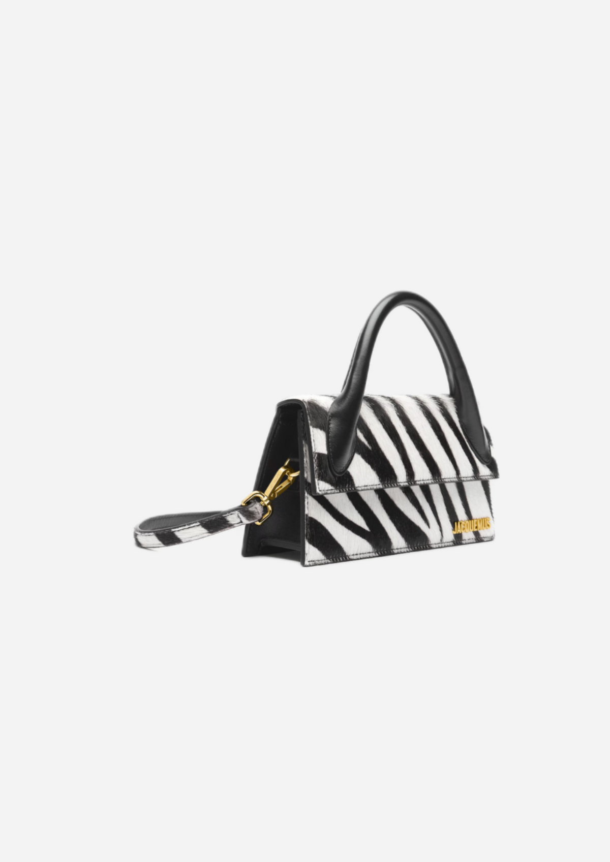 Jacquemus Le Chiquito Long Nero e Bianco Stampa Zebra, vista a tre quarti con tracolla