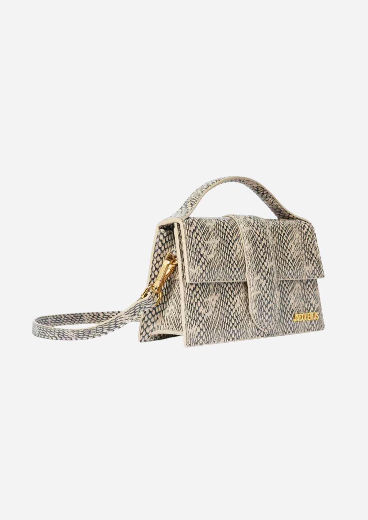 Jacquemus Le Grand Bambino Beige Effetto Pitone, vista a tre quarti con tracolla