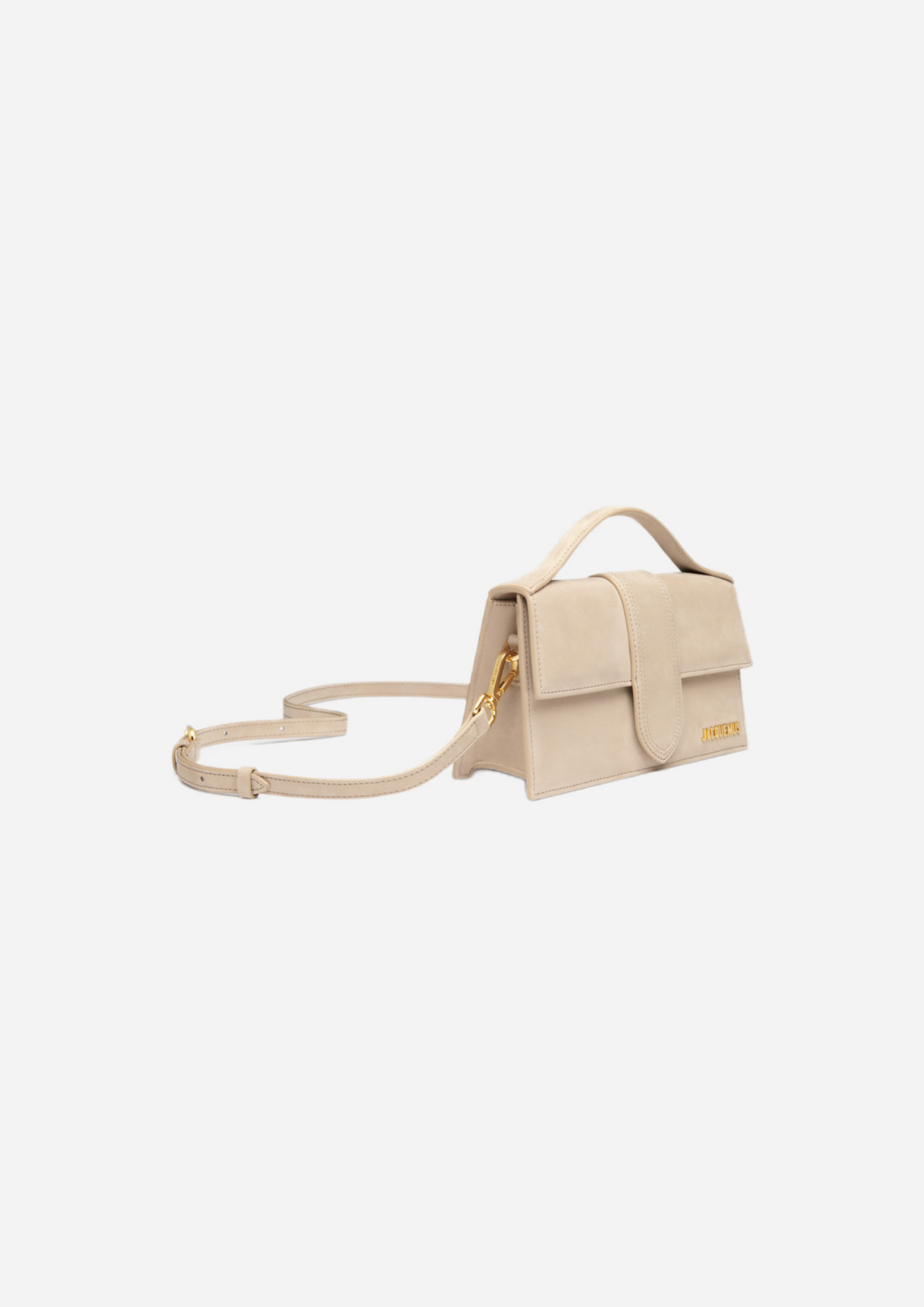 Jacquemus Le Grand Bambino Beige Scuro, vista a tre quarti con tracolla
