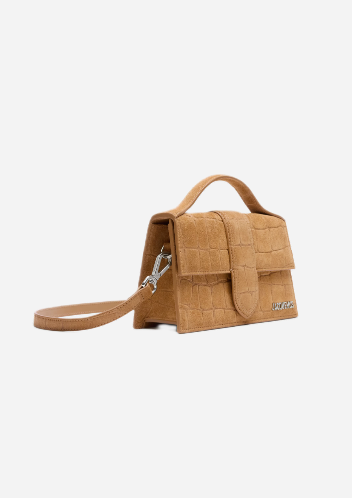 Jacquemus Le Grand Bambino La Croisière Camel, vista a tre quarti con tracolla