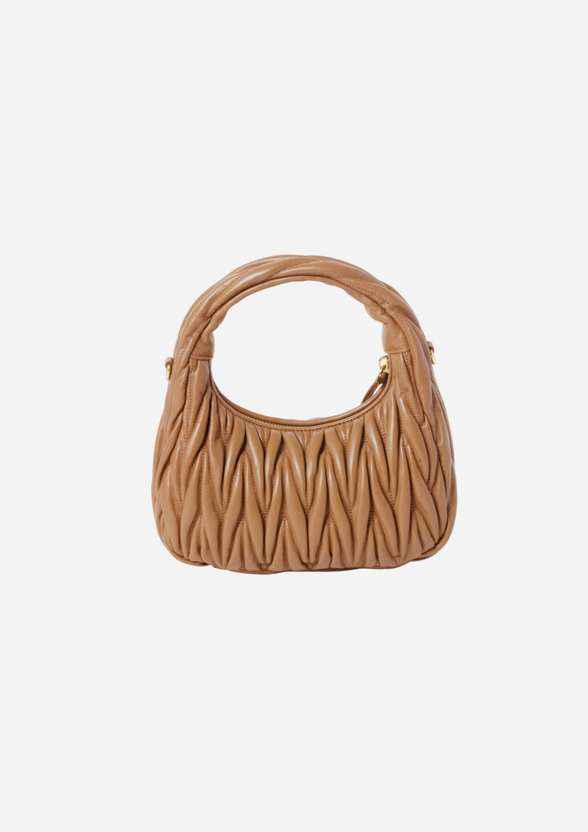 Miu Miu Wander Hobo Piccola Caramello in Nappa Matelassé, vista a tre quarti