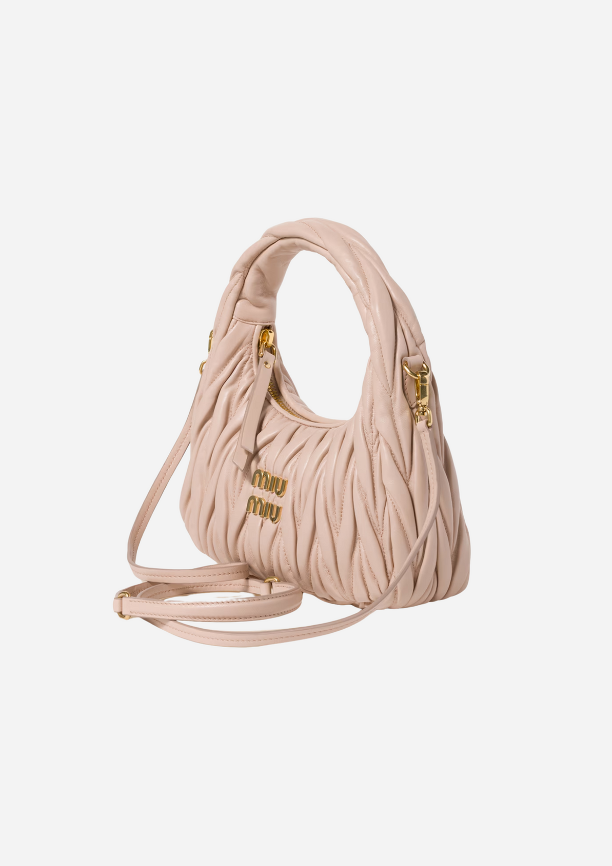 Miu Miu Wander Hobo Piccola Cipria in Nappa Matelassé, vista a tre quarti