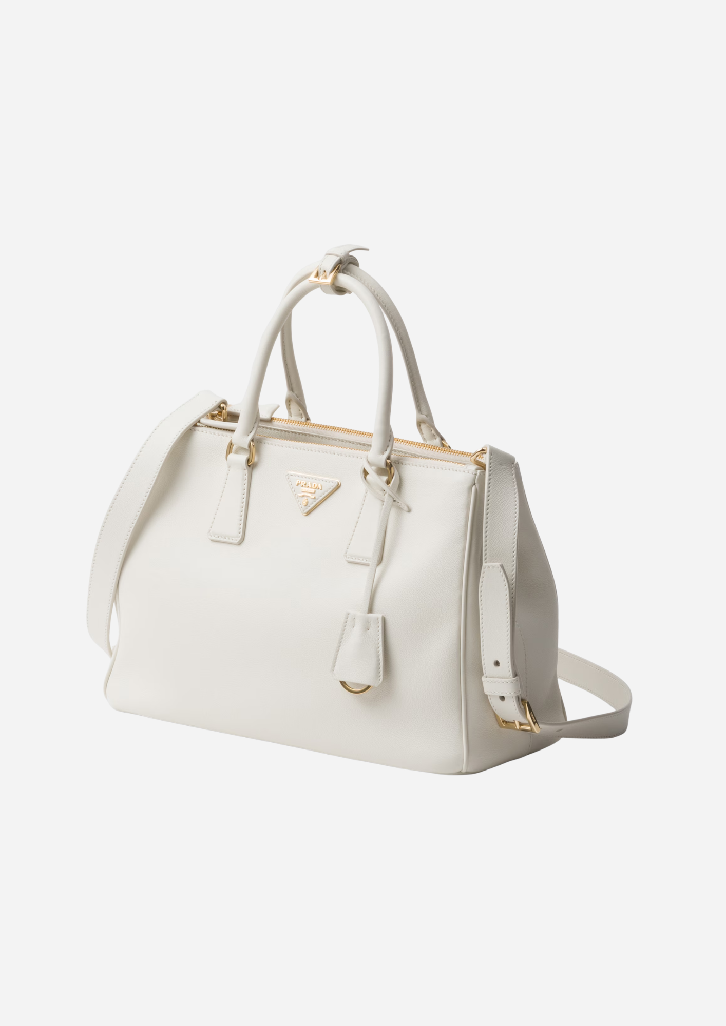 Prada Galleria Large bianca vista a tre quarti con tracolla rimovibile