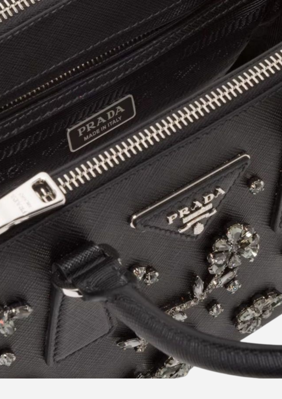 Prada Galleria Mini Nera in Pelle Saffiano con Cristalli, indossata