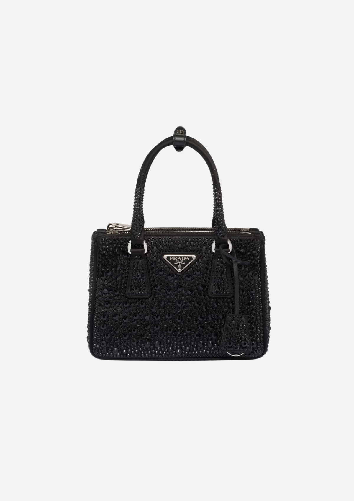 Prada Galleria Mini nera in raso con cristalli vista frontale con logo triangolare