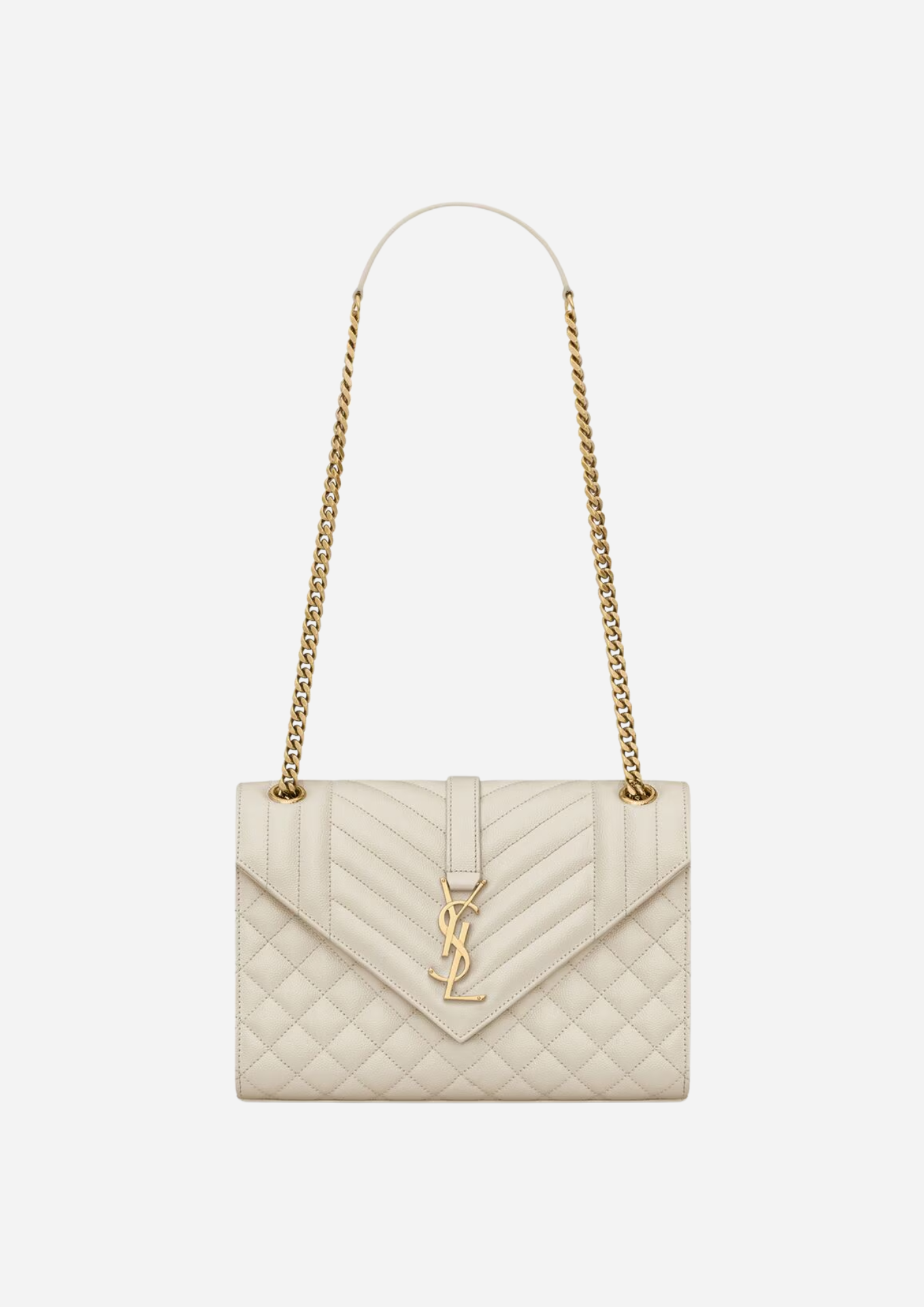 Saint Laurent Envelope Media Bianca in Pelle Trapuntata Grain de Poudre, vista frontale