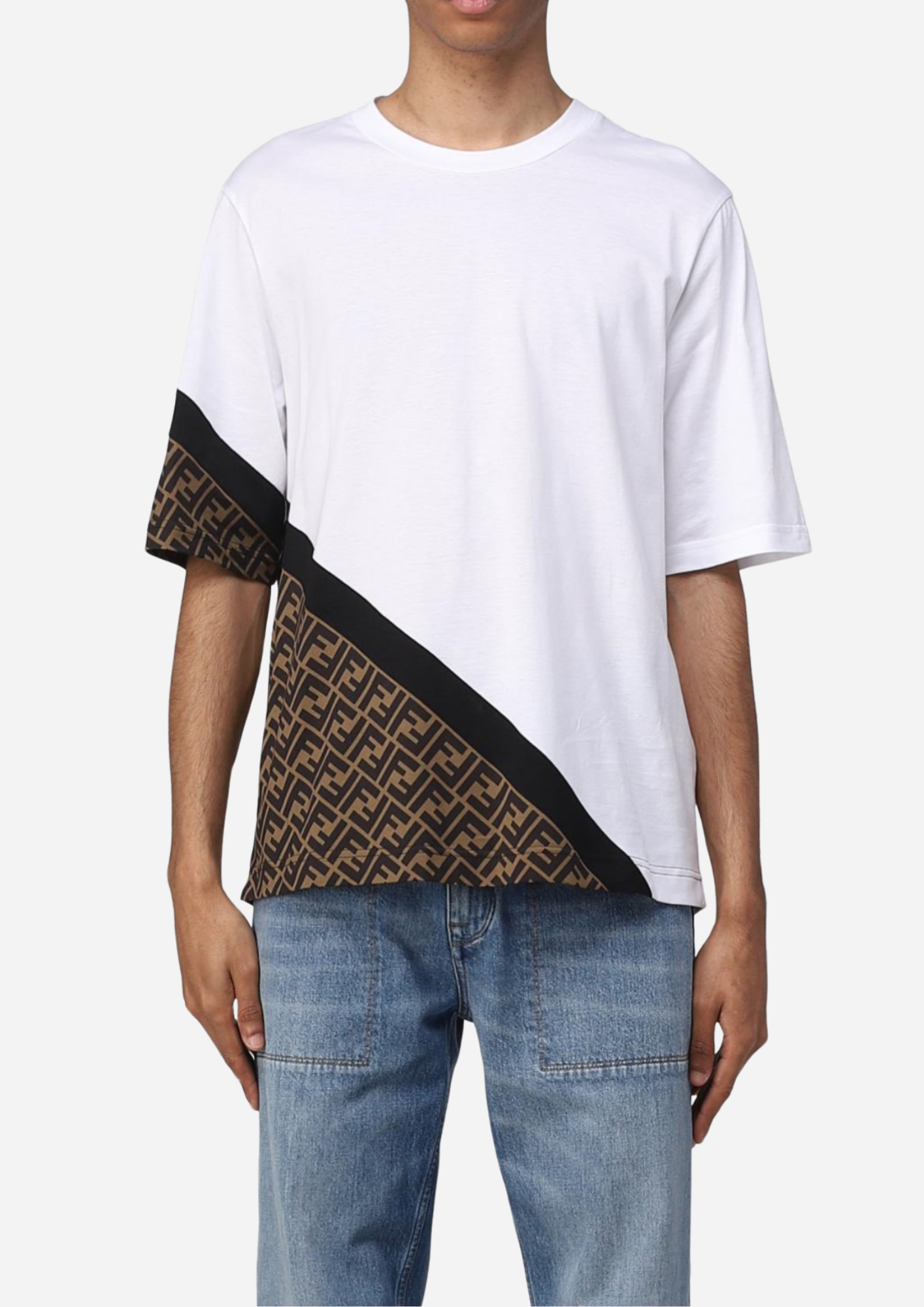 FENDI T-SHIRT WHITE BROWN LOGO PANEL