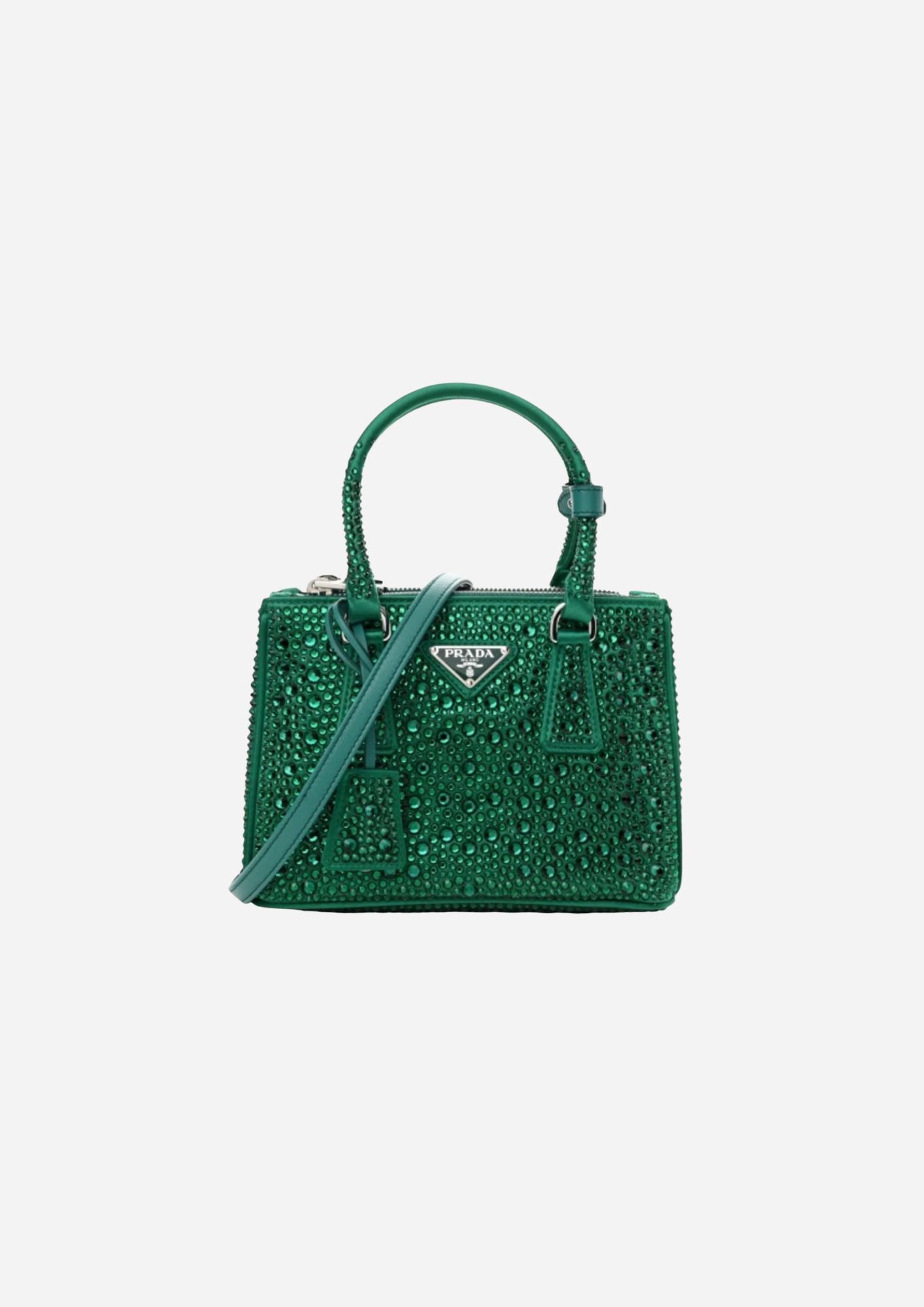 PRADA GALLERIA MINI BAG IN SATIN WITH GREEN CRYSTALS