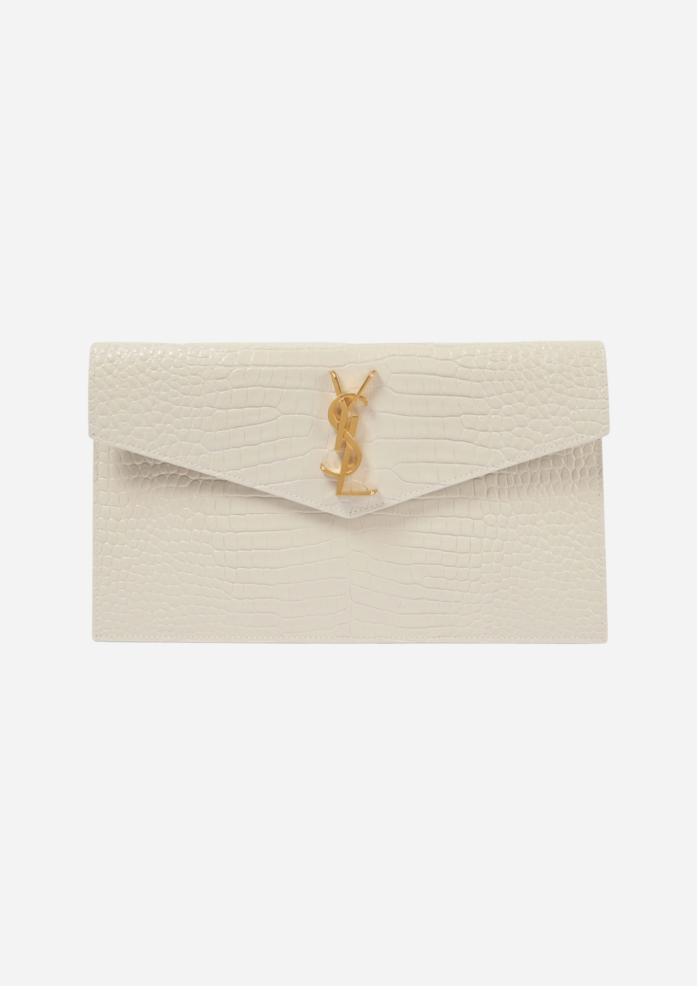 Saint Laurent Pochette Uptown in Pelle Lucida Effetto Coccodrillo Goffrata Bianca