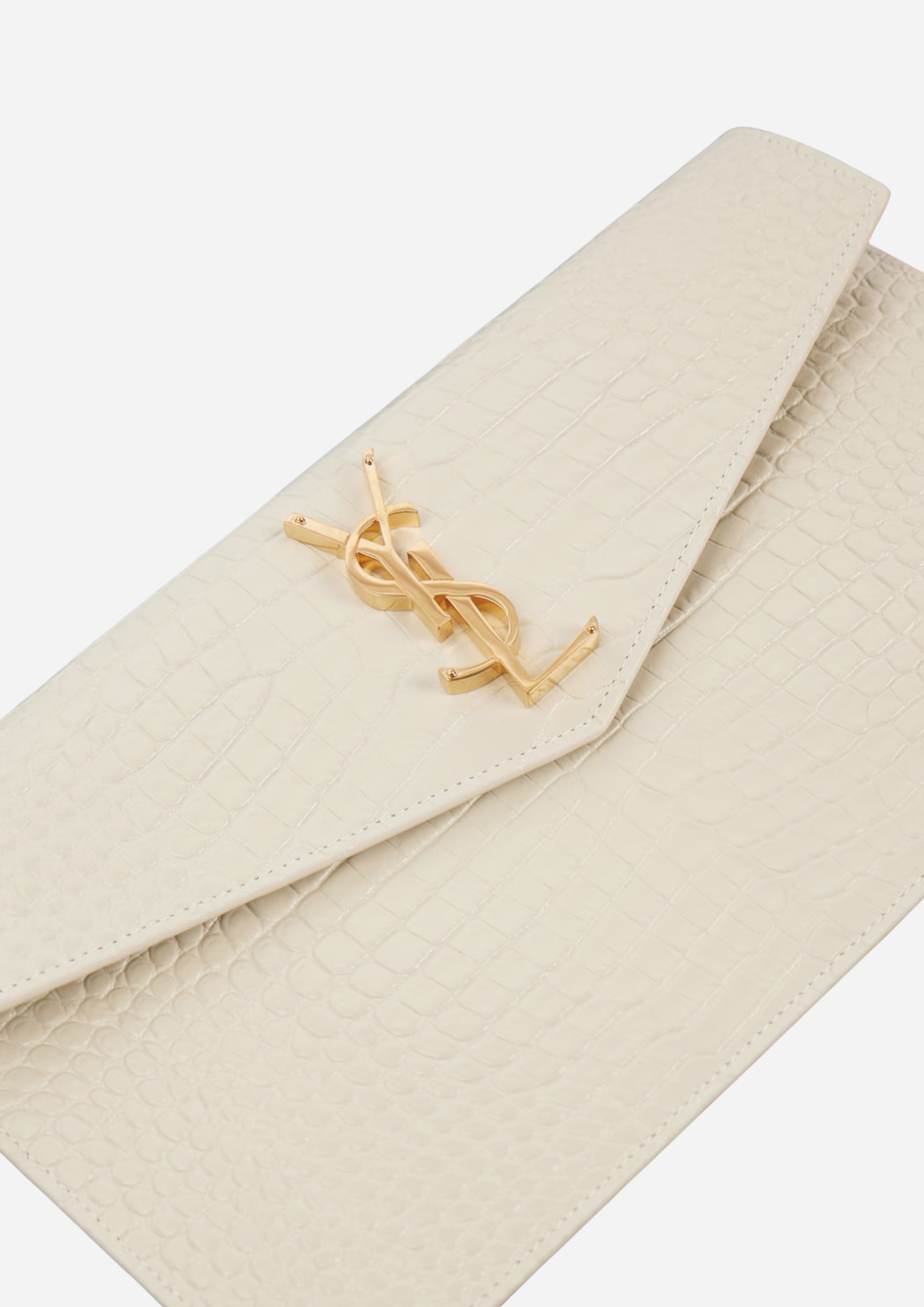 Saint Laurent Pochette Uptown in Pelle Lucida Effetto Coccodrillo Goffrata Bianca