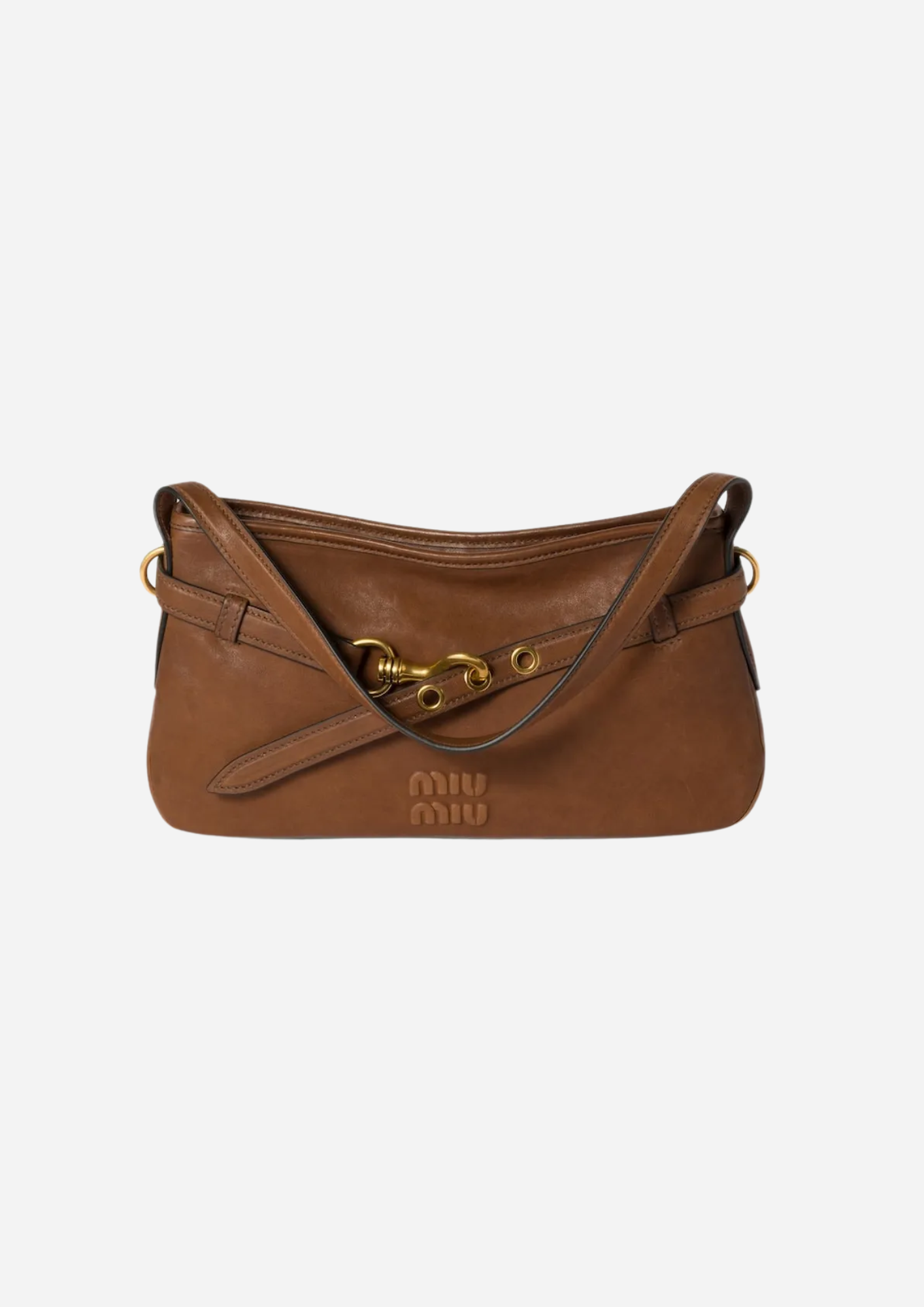 Miu Miu Borsa A Spalla Aventure Marrone in Pelle con Dettagli Oro
