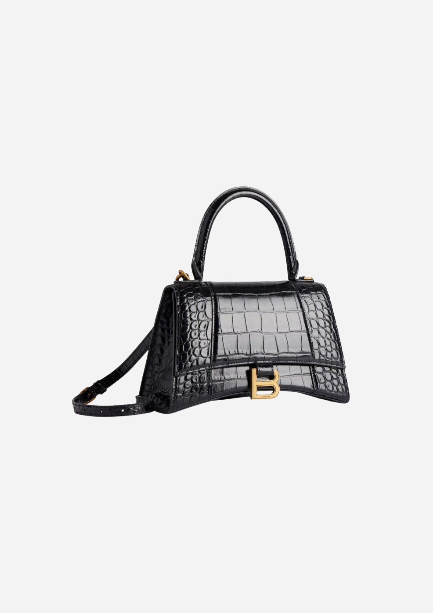 Balenciaga Hourglass Small nera vista a tre quarti con tracolla