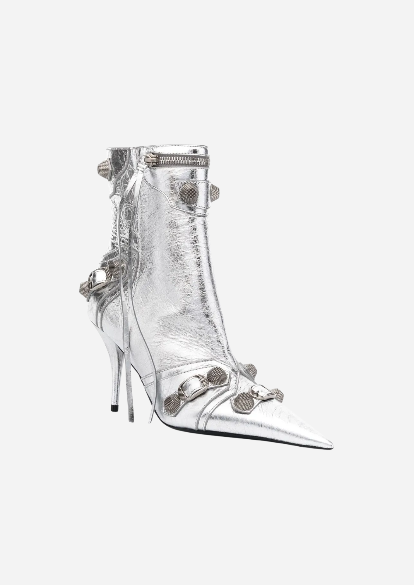 Balenciaga Le Cagole stivaletti argento 90 mm vista frontale a tre quarti