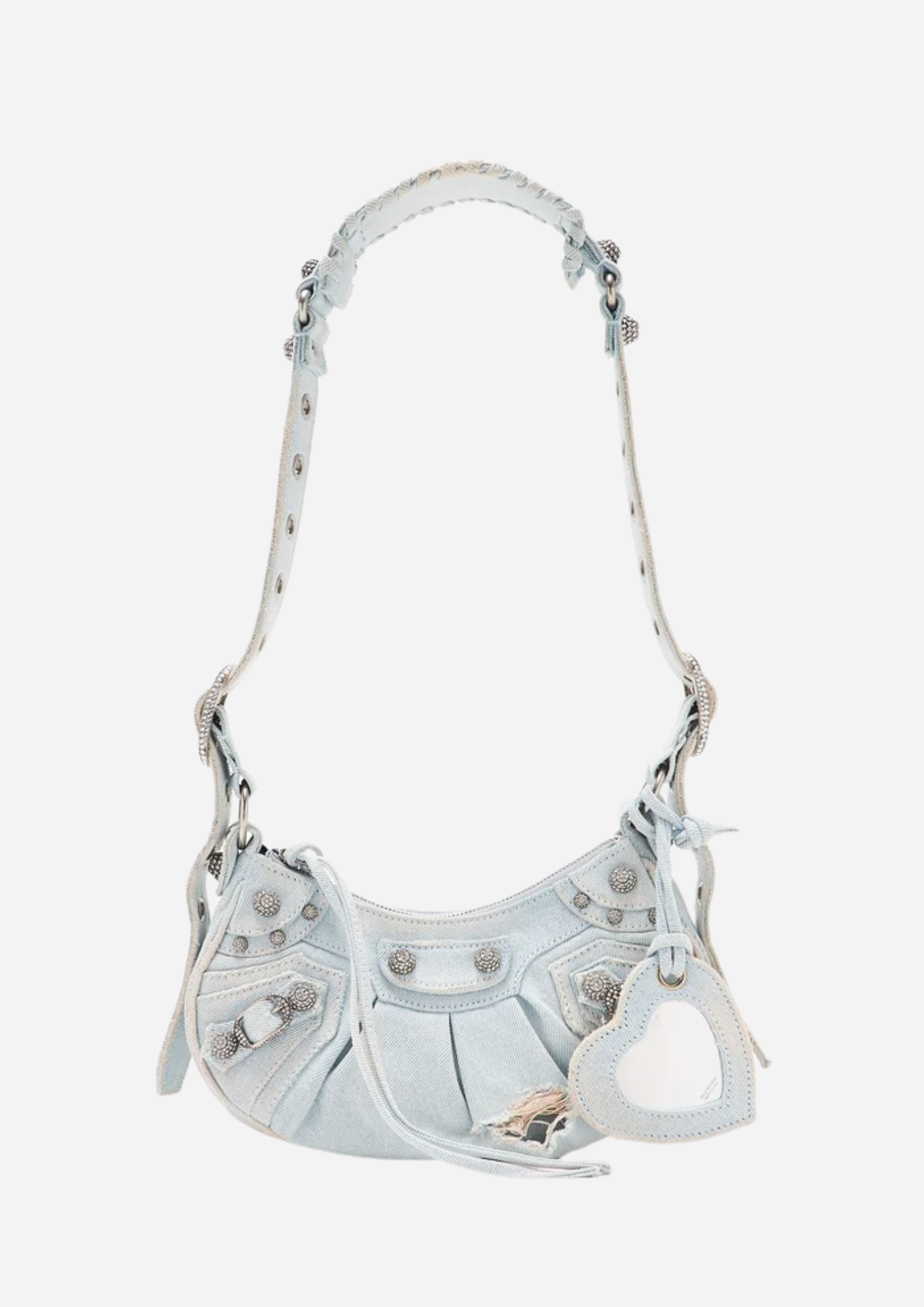 Balenciaga Le Cagole XS in denim blu con cristalli vista frontale