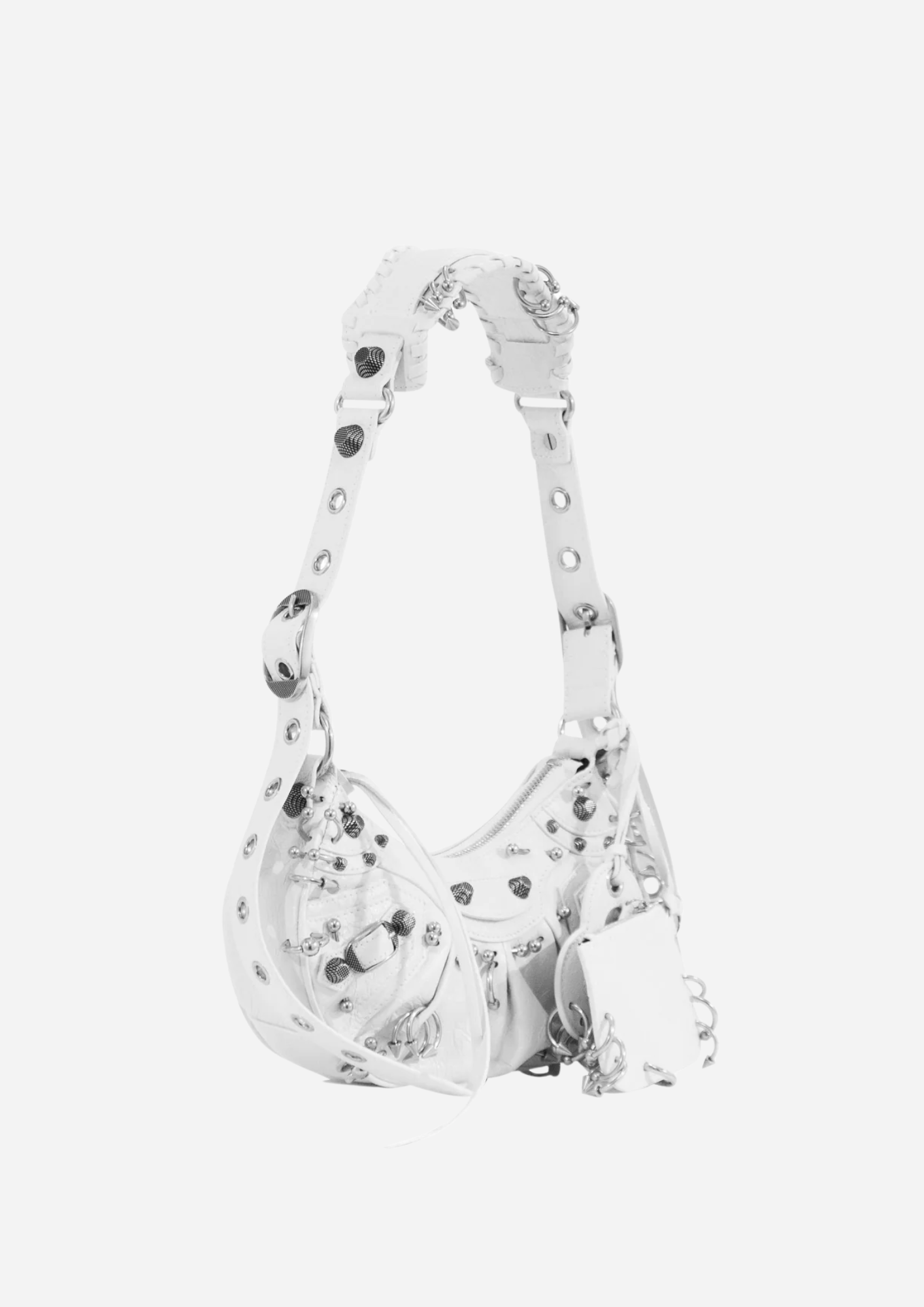 Balenciaga Le Cagole XS Piercing bianca vista a tre quarti con tracolla