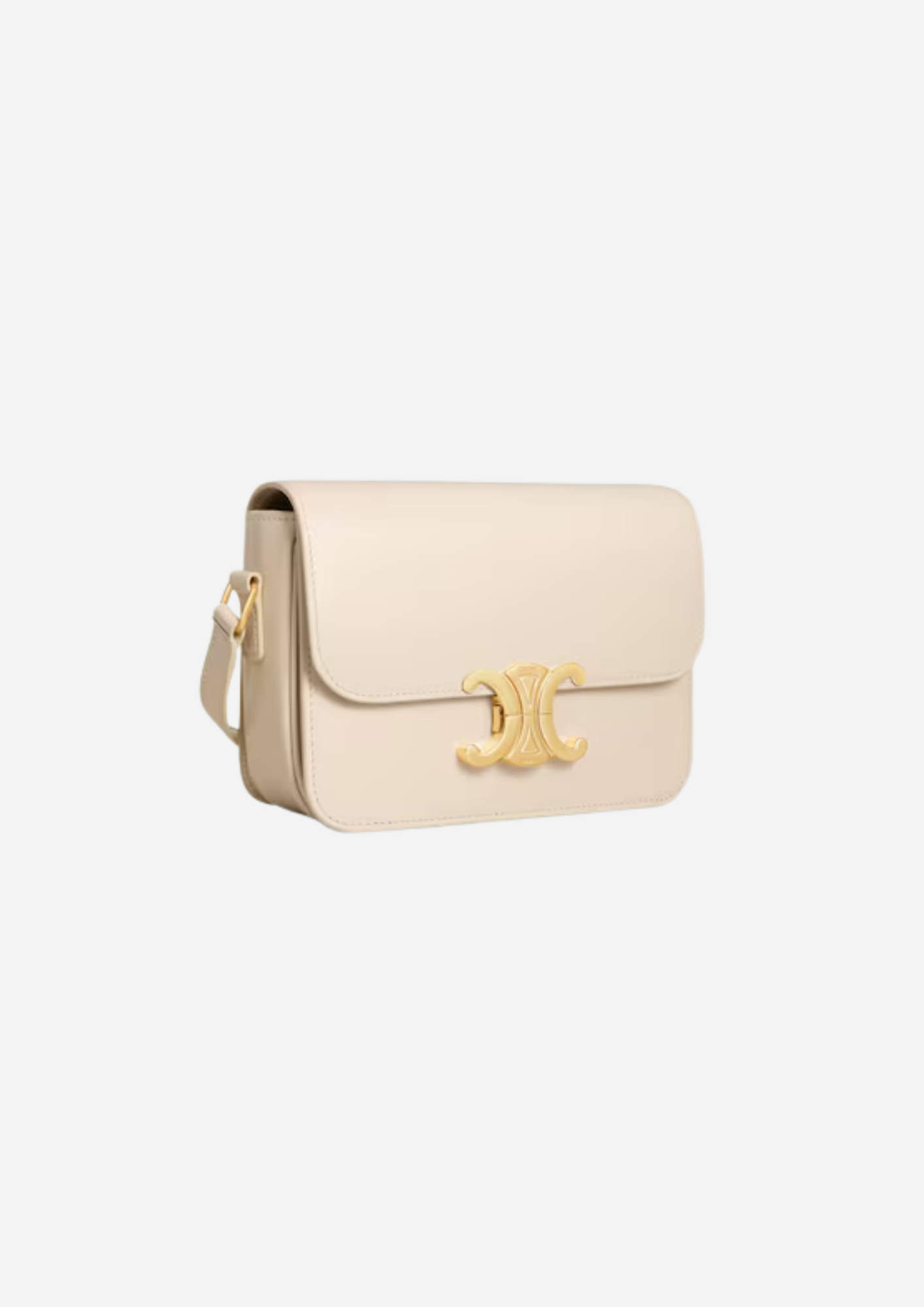 Celine Teen Triomphe Crema vista a tre quarti con chiusura Triomphe dorata