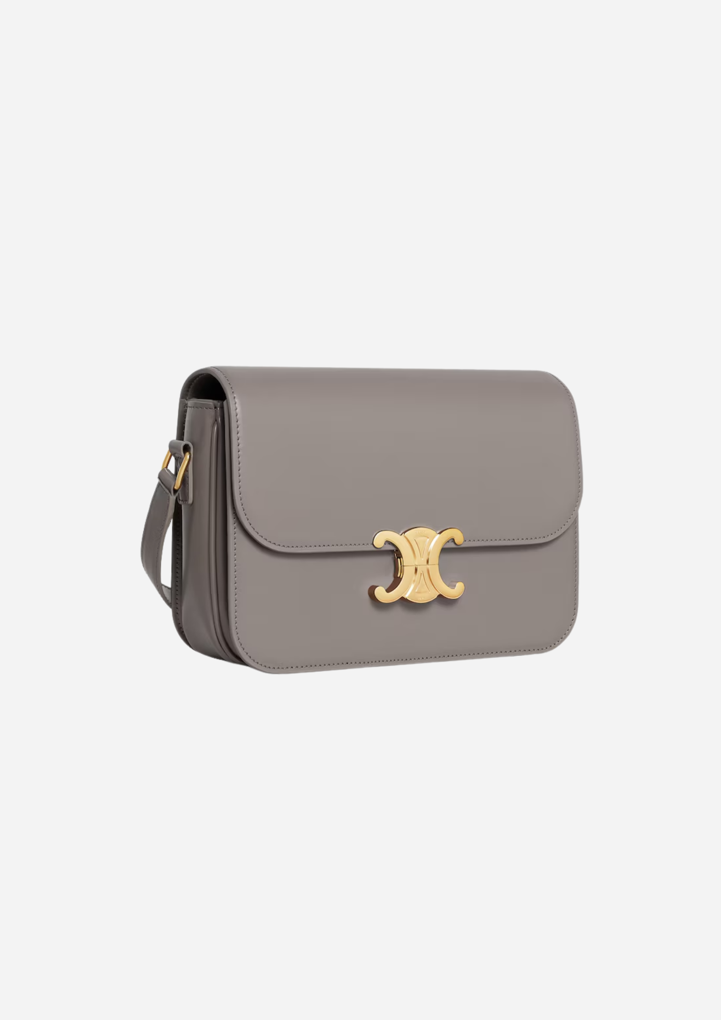 Celine Triomphe Classique Grigio Ghiaia vista a tre quarti con chiusura dorata
