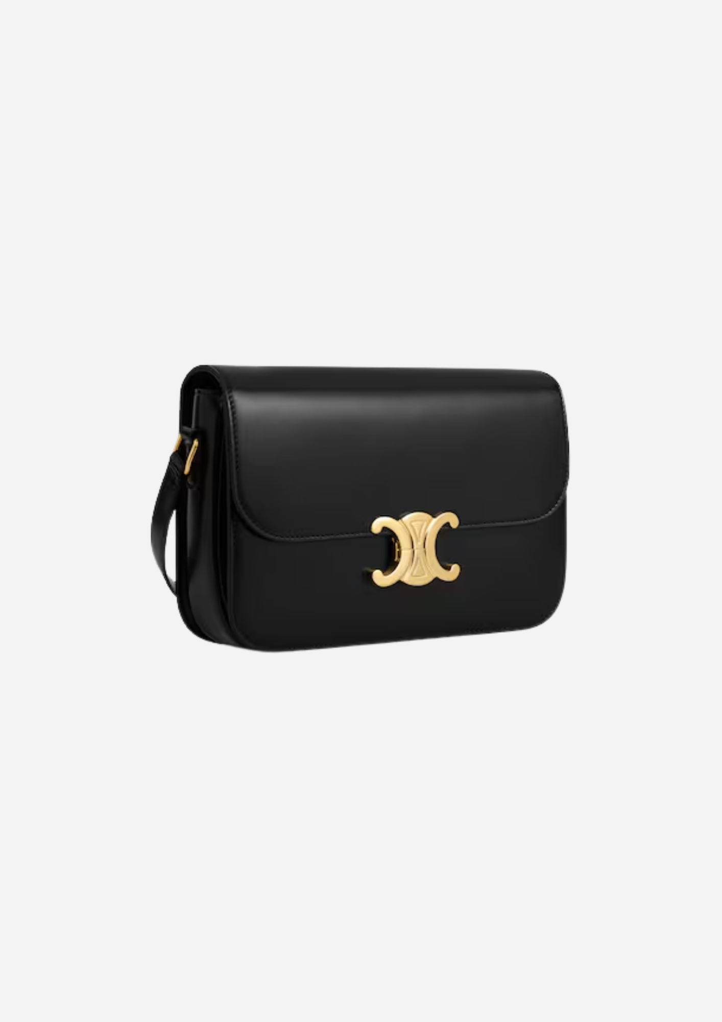 Celine Triomphe Classique nera vista a tre quarti con chiusura Triomphe dorata