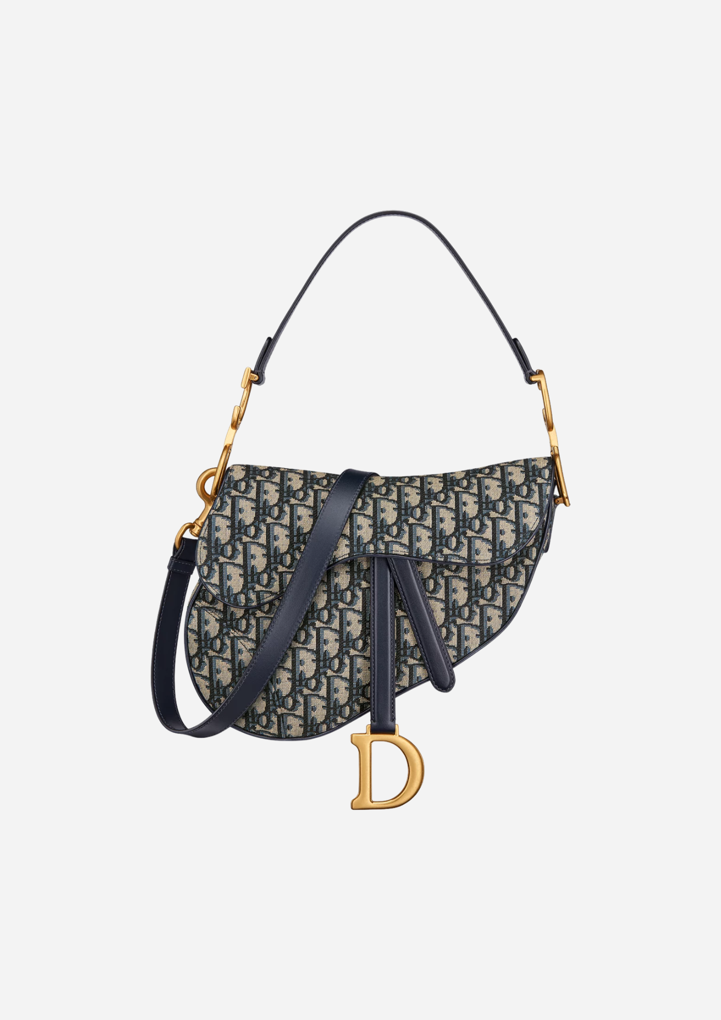 Dior Saddle Piccola blu in jacquard Dior Oblique con tracolla vista frontale