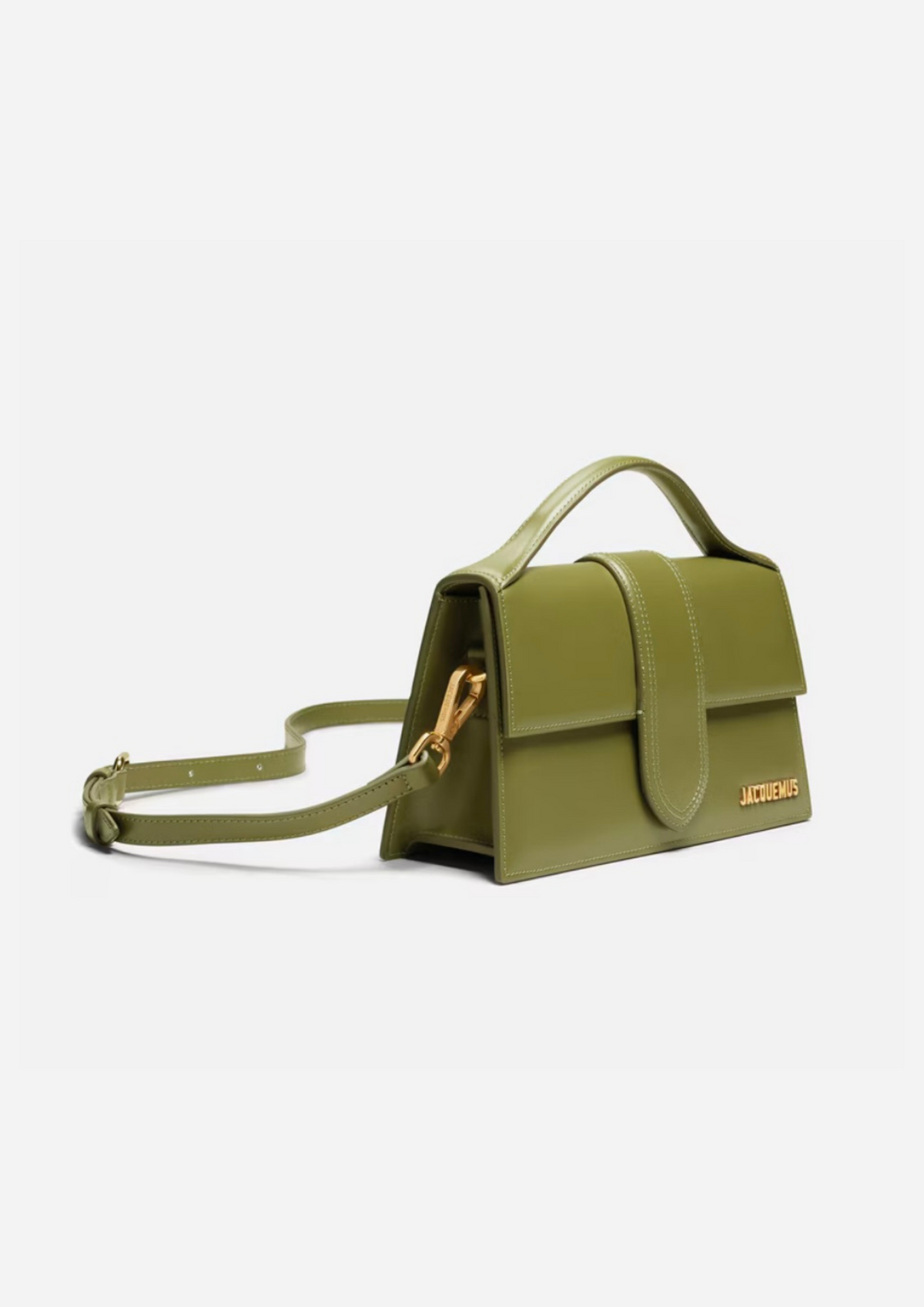 Jacquemus Le Grand Bambino Khaki, vista a tre quarti con tracolla