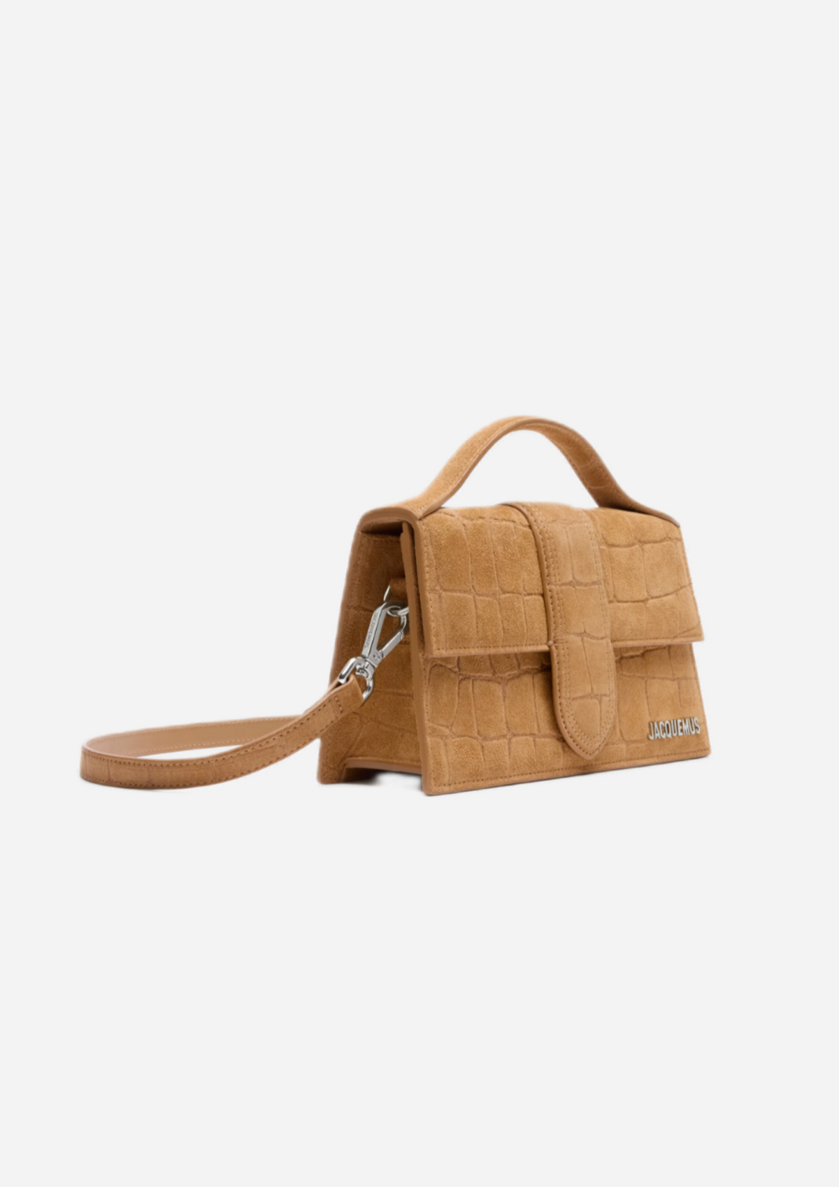 Jacquemus Le Grand Bambino La Croisière Camel, vista a tre quarti con tracolla