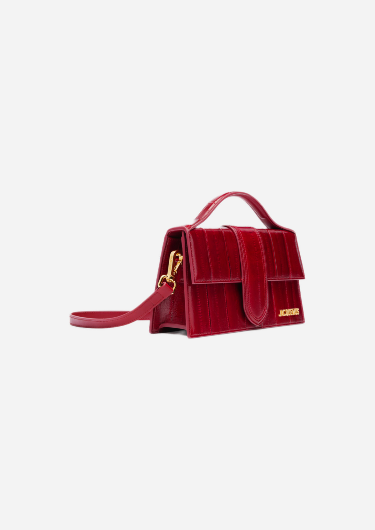 Jacquemus Le Grand Bambino Rosso Scuro, vista a tre quarti con tracolla
