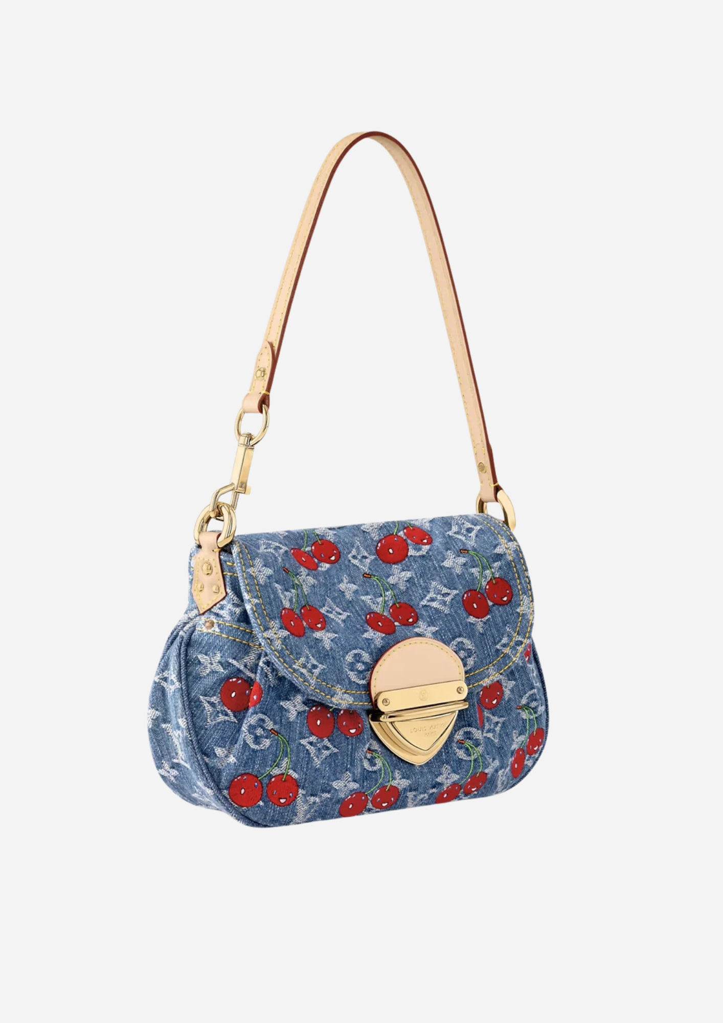 Louis Vuitton x Takashi Murakami Sunset in denim con ciliegie vista a tre quarti
