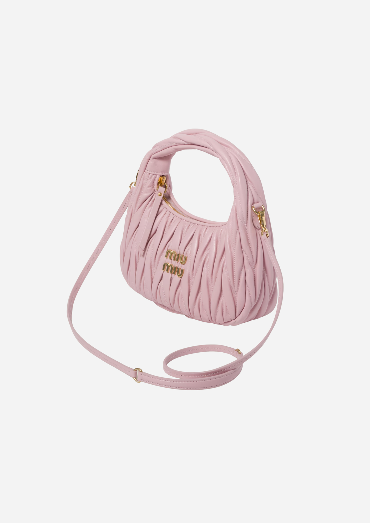 Miu Miu Wander Hobo Piccola Alabastro in Nappa Matelassé, vista a tre quarti