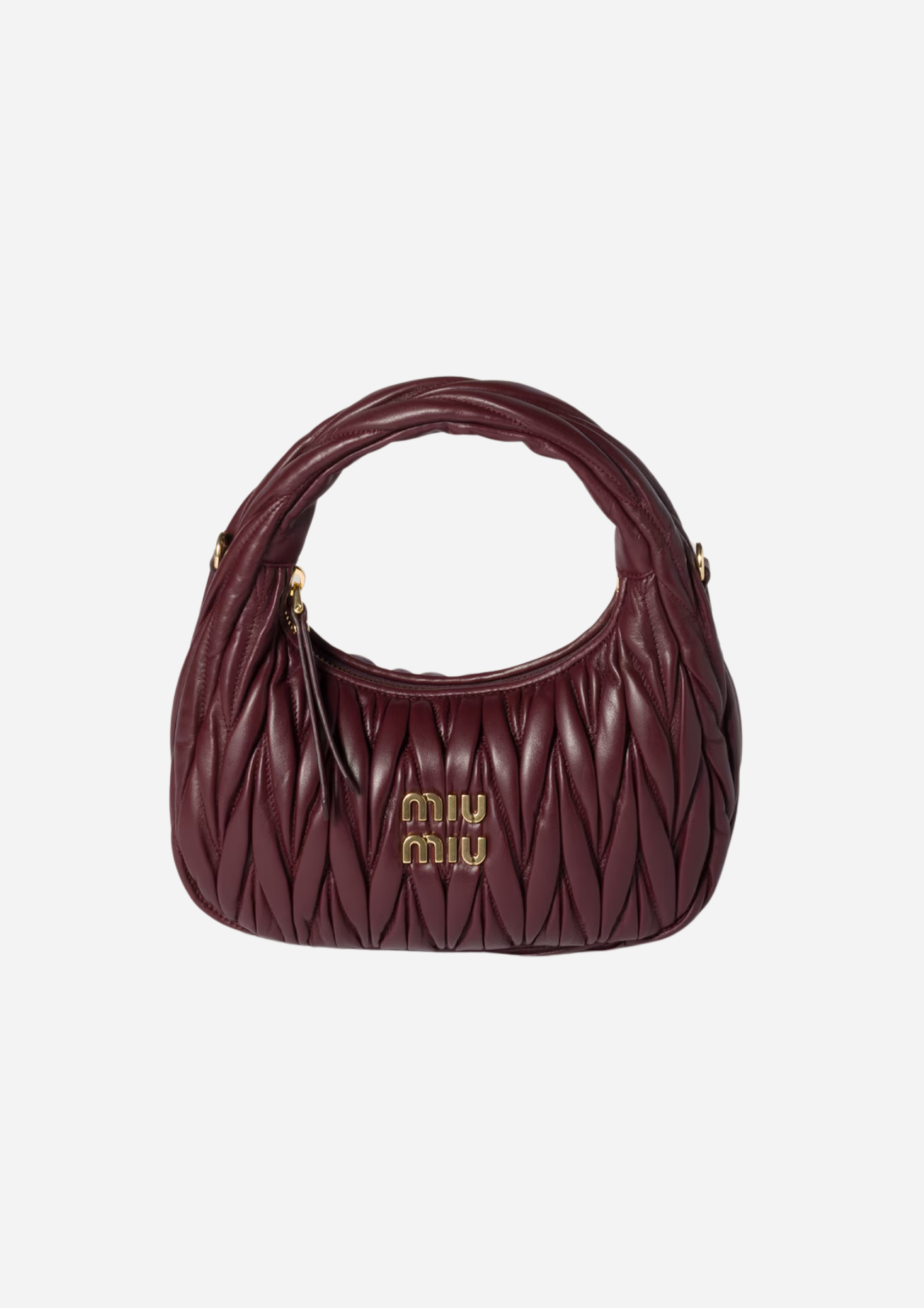 Miu Miu Wander Hobo Piccola Bordeaux in Nappa Matelassé, vista frontale