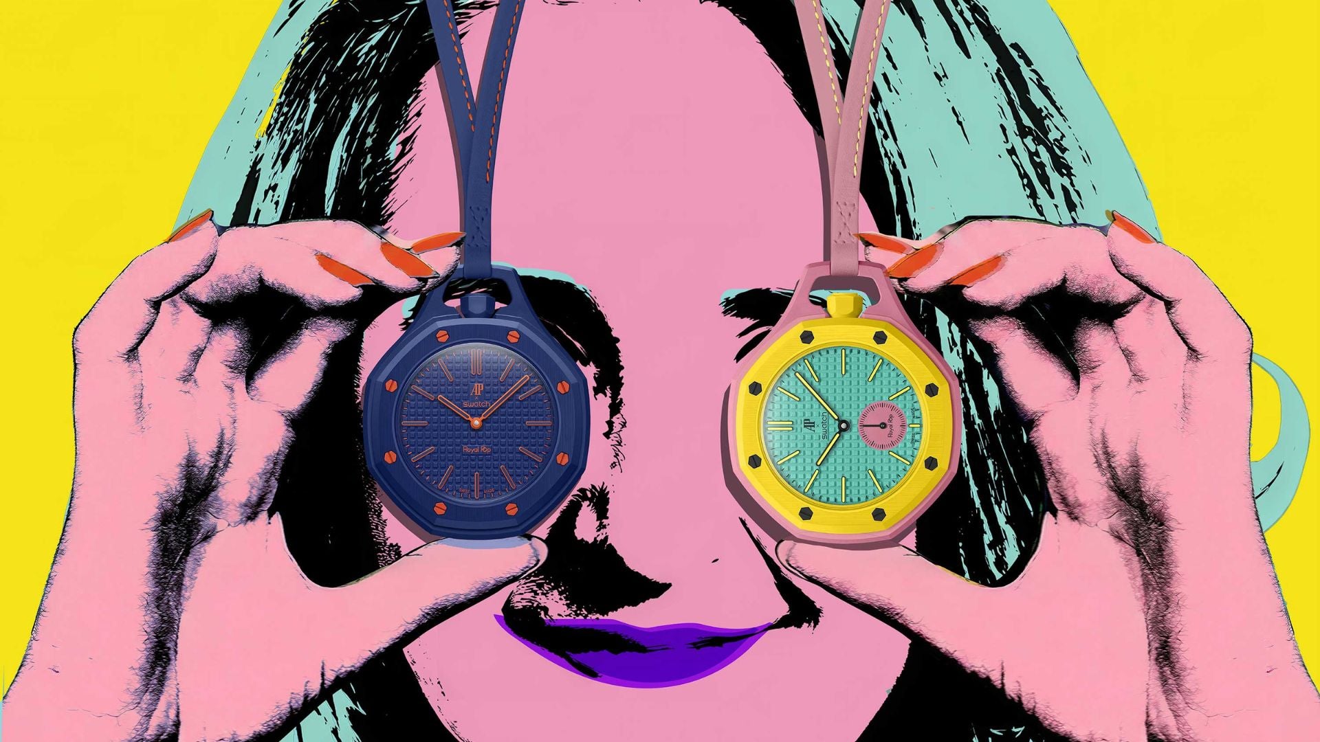 Orologi Royal Pop e MoonSwatch in una composizione editoriale