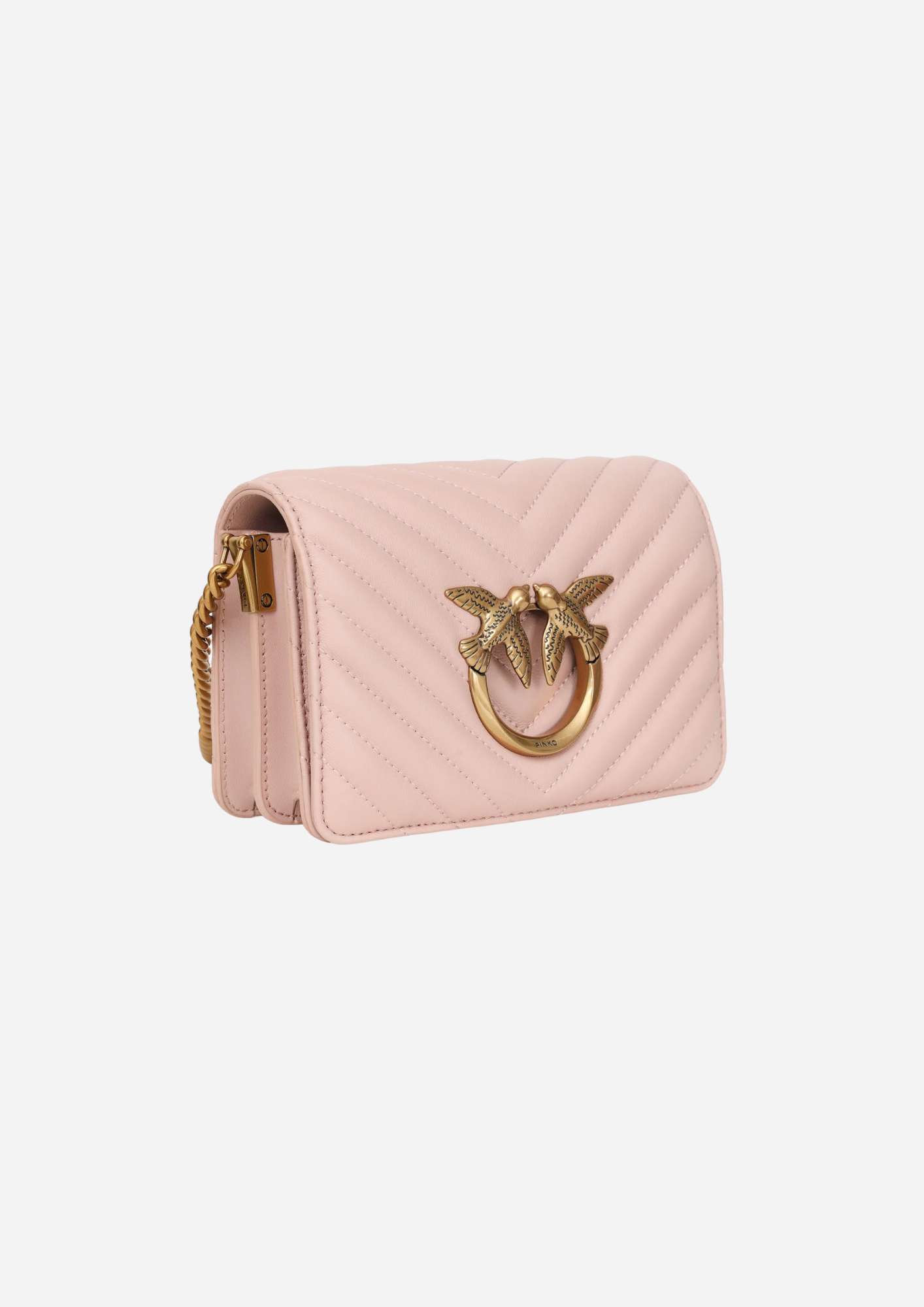 Pinko Love Puff Classic Cipria vista a tre quarti con tracolla a catena