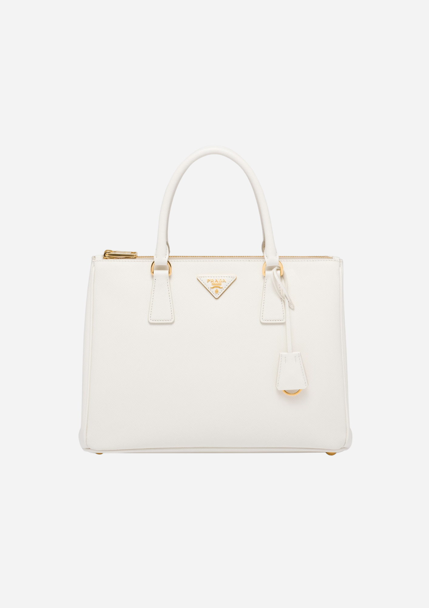 Prada Galleria Large bianca in pelle Saffiano vista frontale con logo triangolare