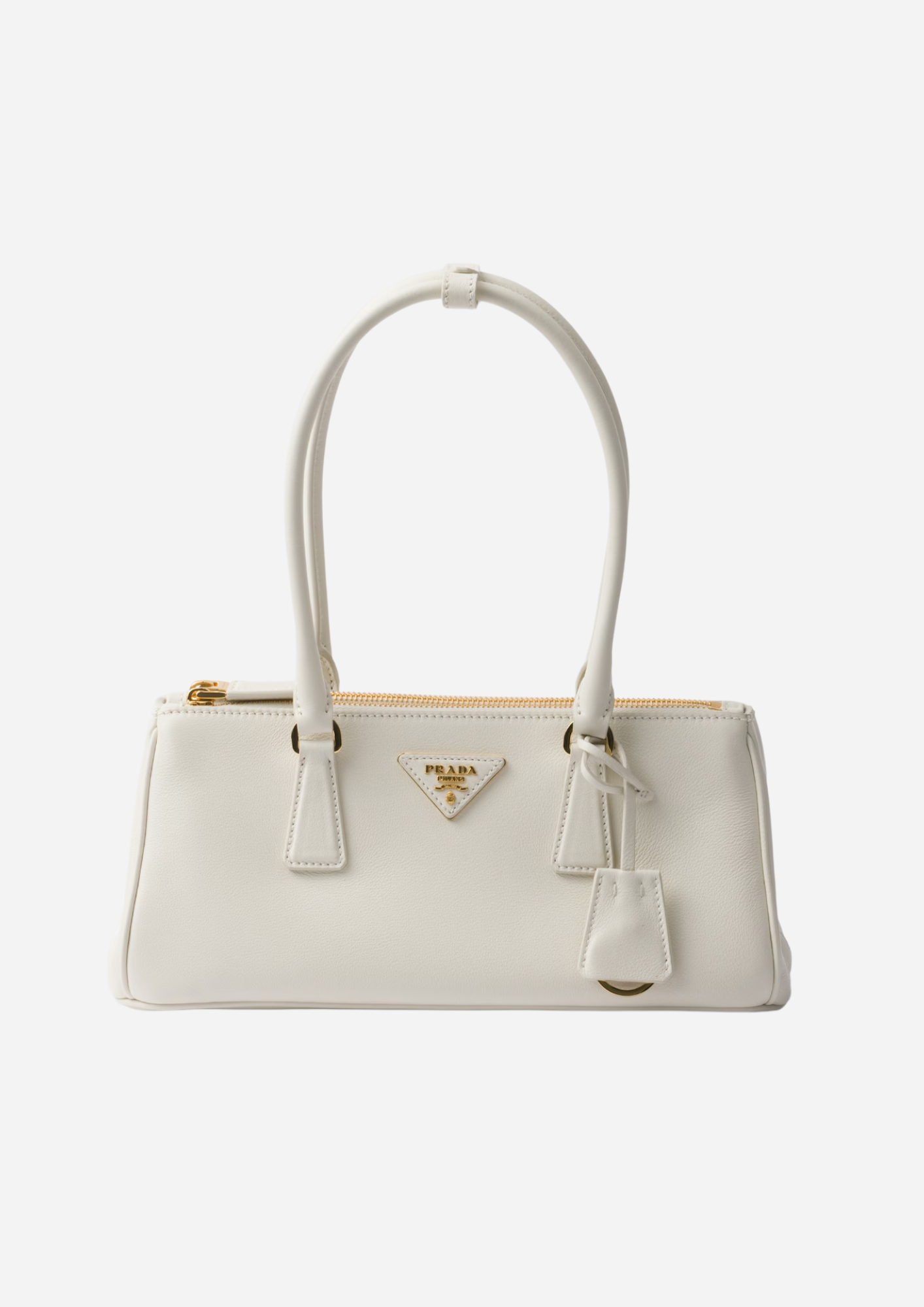 Prada Galleria Medium bianca in pelle di vitello vista frontale con logo triangolo