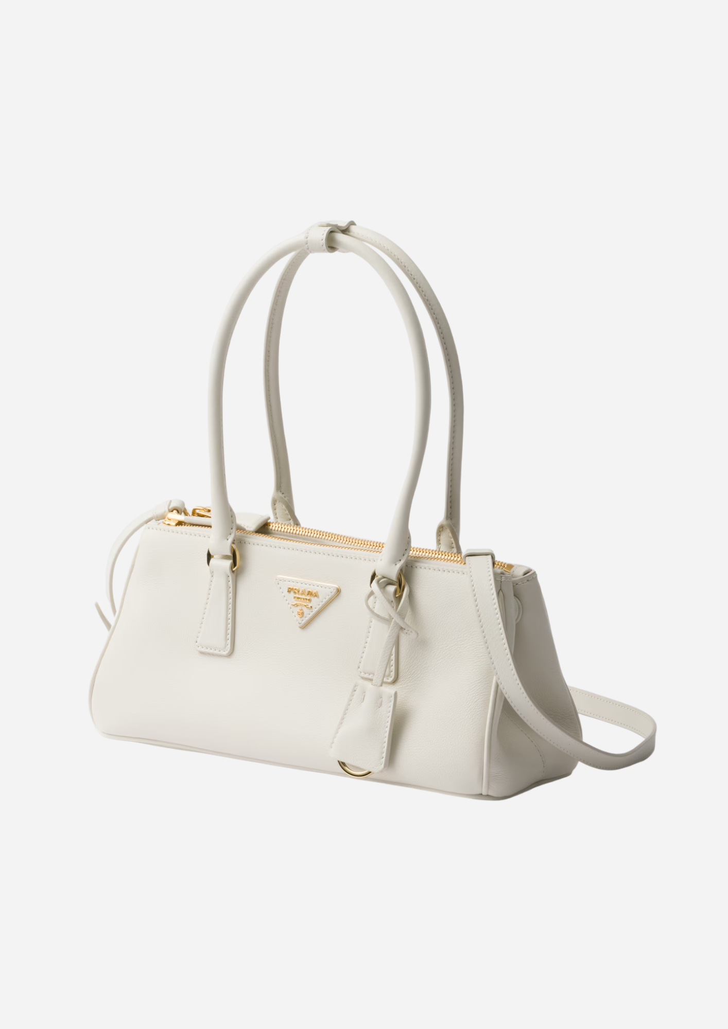 Prada Galleria Medium bianca vista a tre quarti con tracolla rimovibile