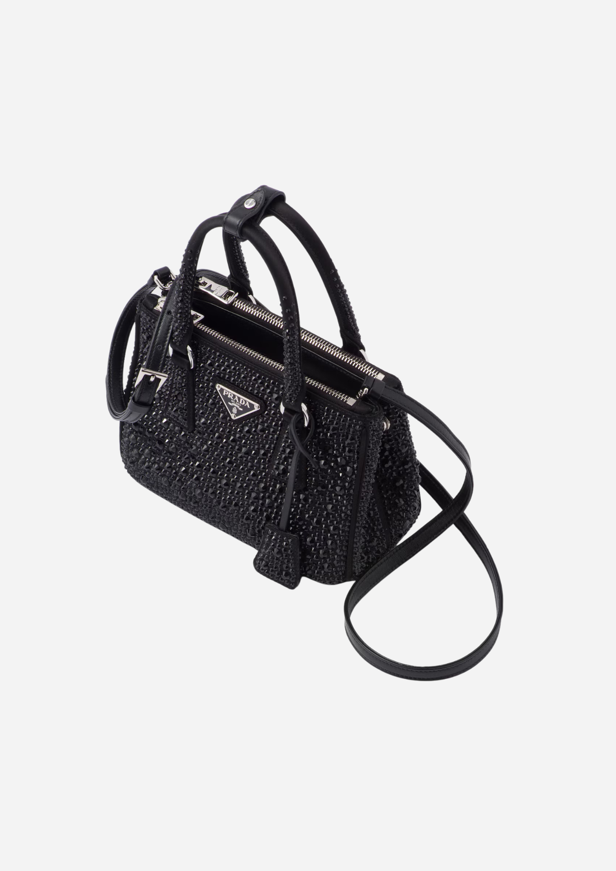 Prada Galleria Mini nera con cristalli vista a tre quarti con tracolla rimovibile
