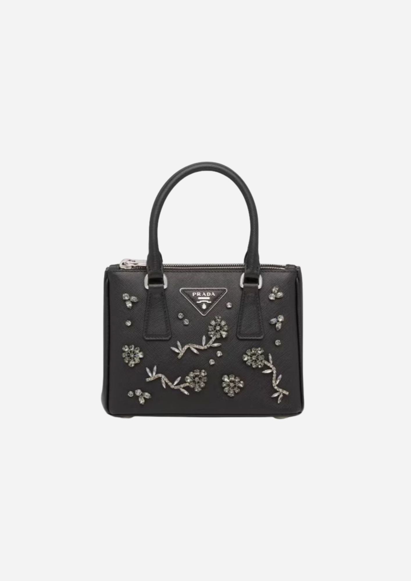 Prada Galleria Mini nera in pelle Saffiano vista frontale con applicazioni floreali e cristalli