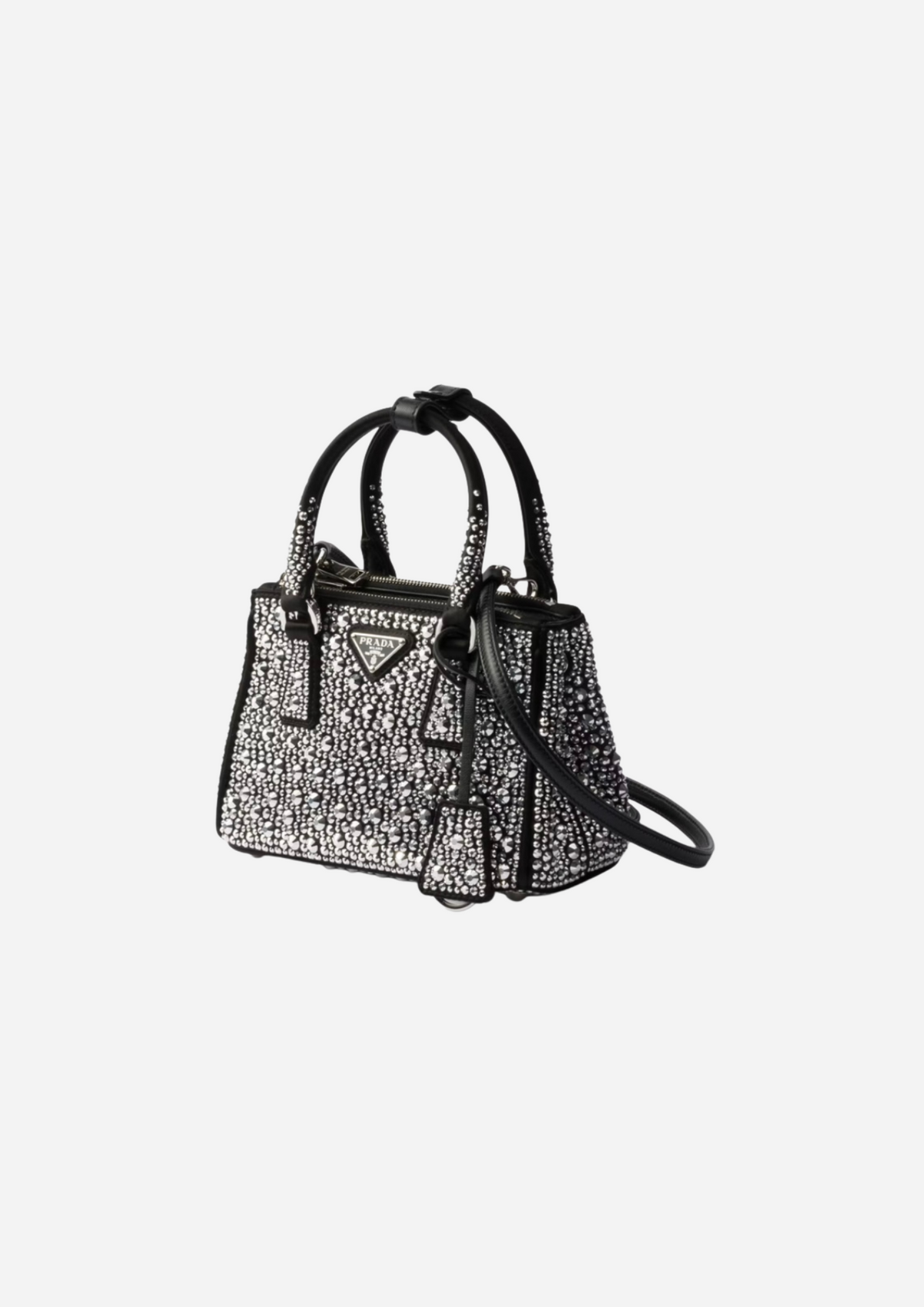 Prada Galleria Mini Platino in Raso con Cristalli, vista a tre quarti