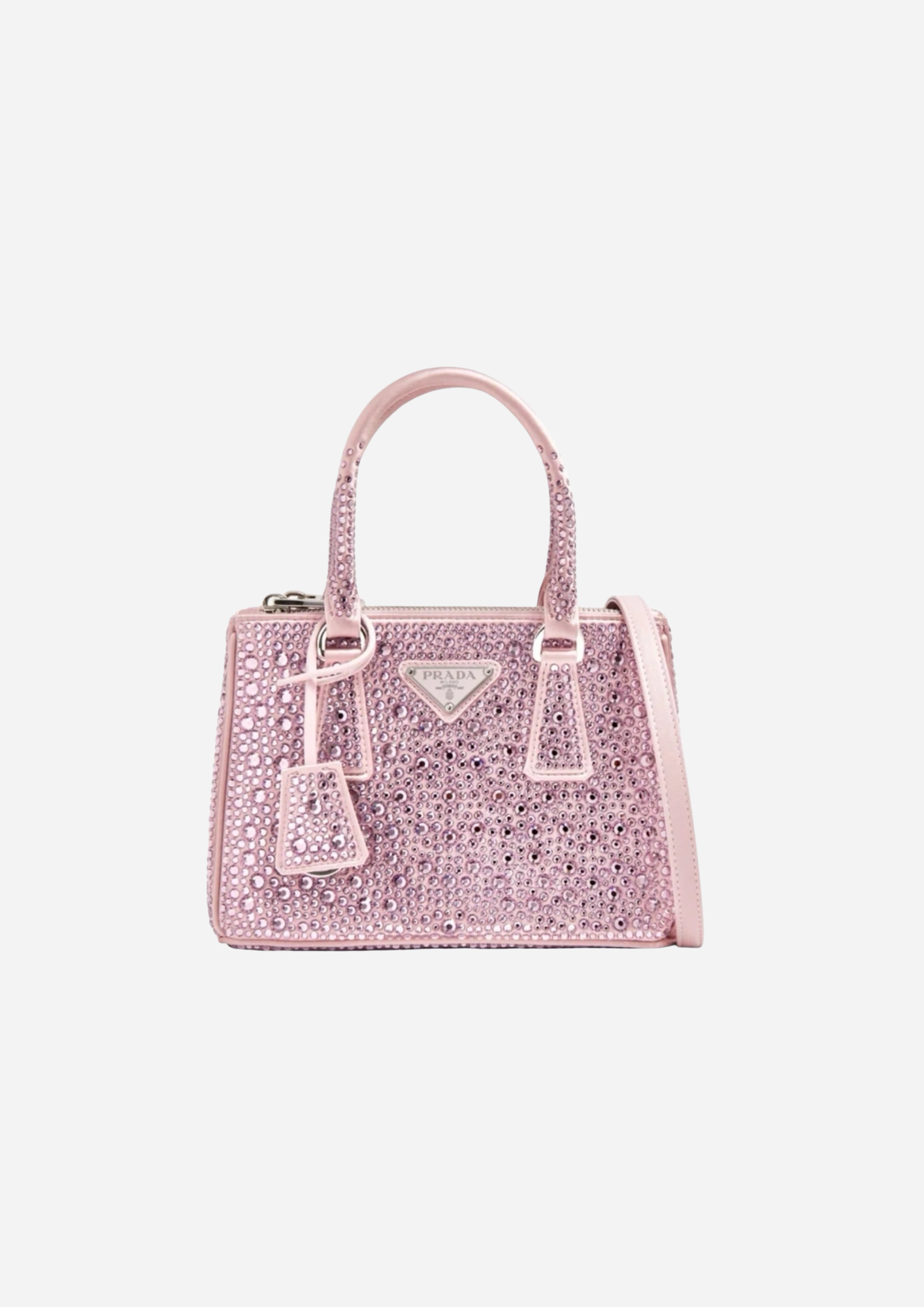 Prada Galleria Mini rosa in raso con cristalli vista frontale con logo triangolare