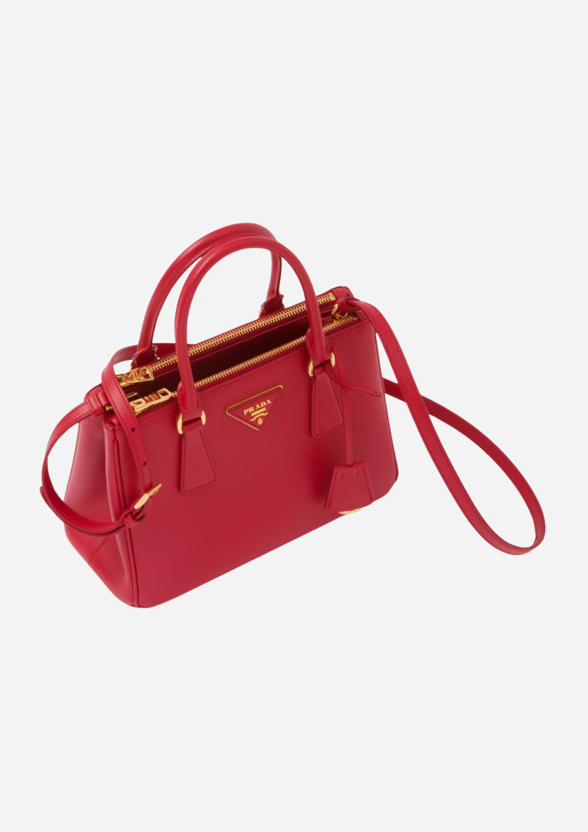 Prada Galleria Mini rossa vista a tre quarti con tracolla rimovibile