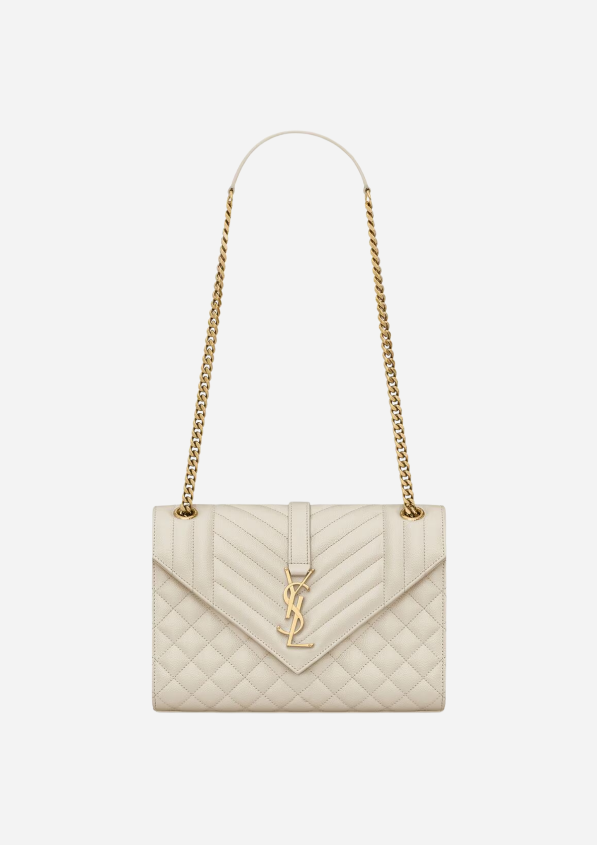 Saint Laurent Envelope Media Bianca in Pelle Trapuntata Grain de Poudre, vista frontale